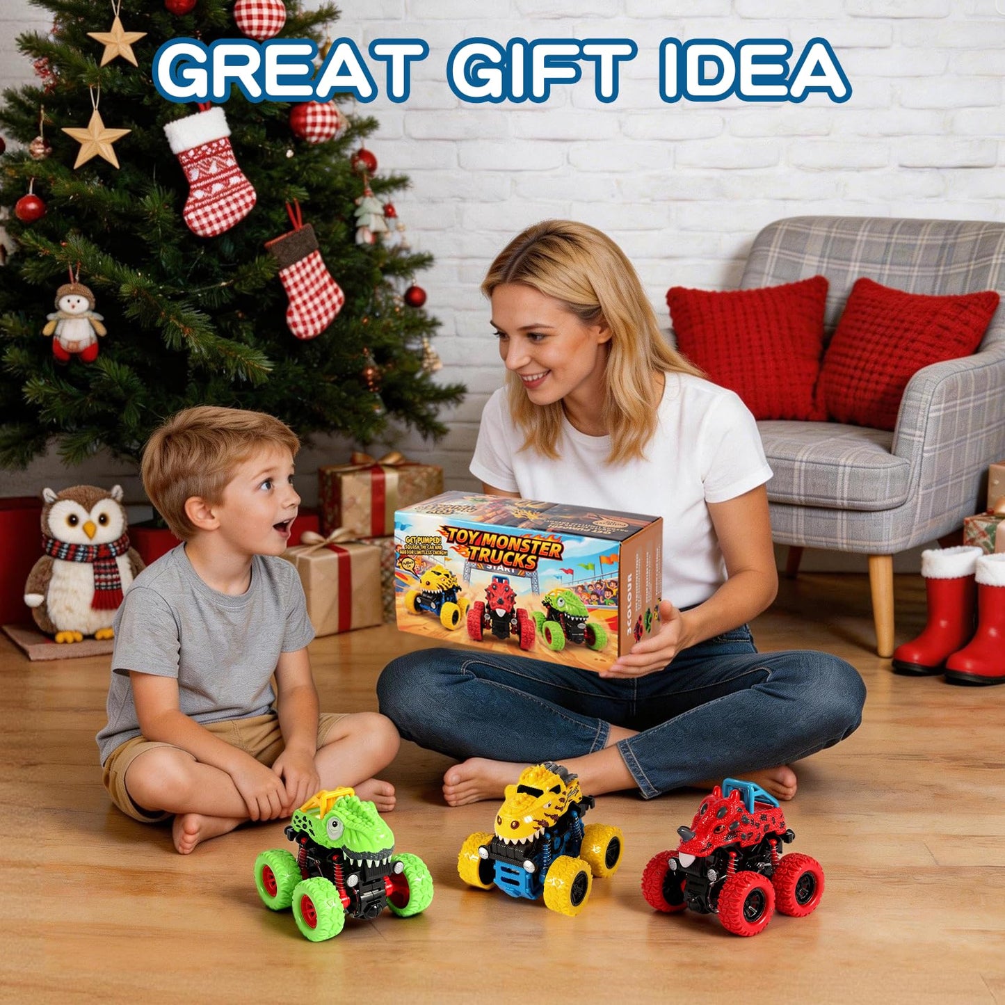 TGXLAK Dinosaur Toys for 2 3 4 5 Year Old Boys - 3 Pack Monster Truck Toys with Friction Power 360° Rotating Push and Go Cars for Toddlers Ages 2-4-6 - Boys Girls Birthday Gifts for Kids 3-5