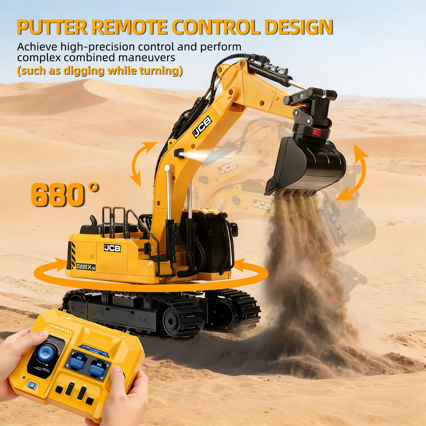 Official JCB BRRRRT 3-in-1 Remote Control Excavator Construction Vehicles with Drill Bit, Grab Bucket & Digging Hook, 14-Channel RC Excavator with Lights & Sounds for Kids Ages 3+
