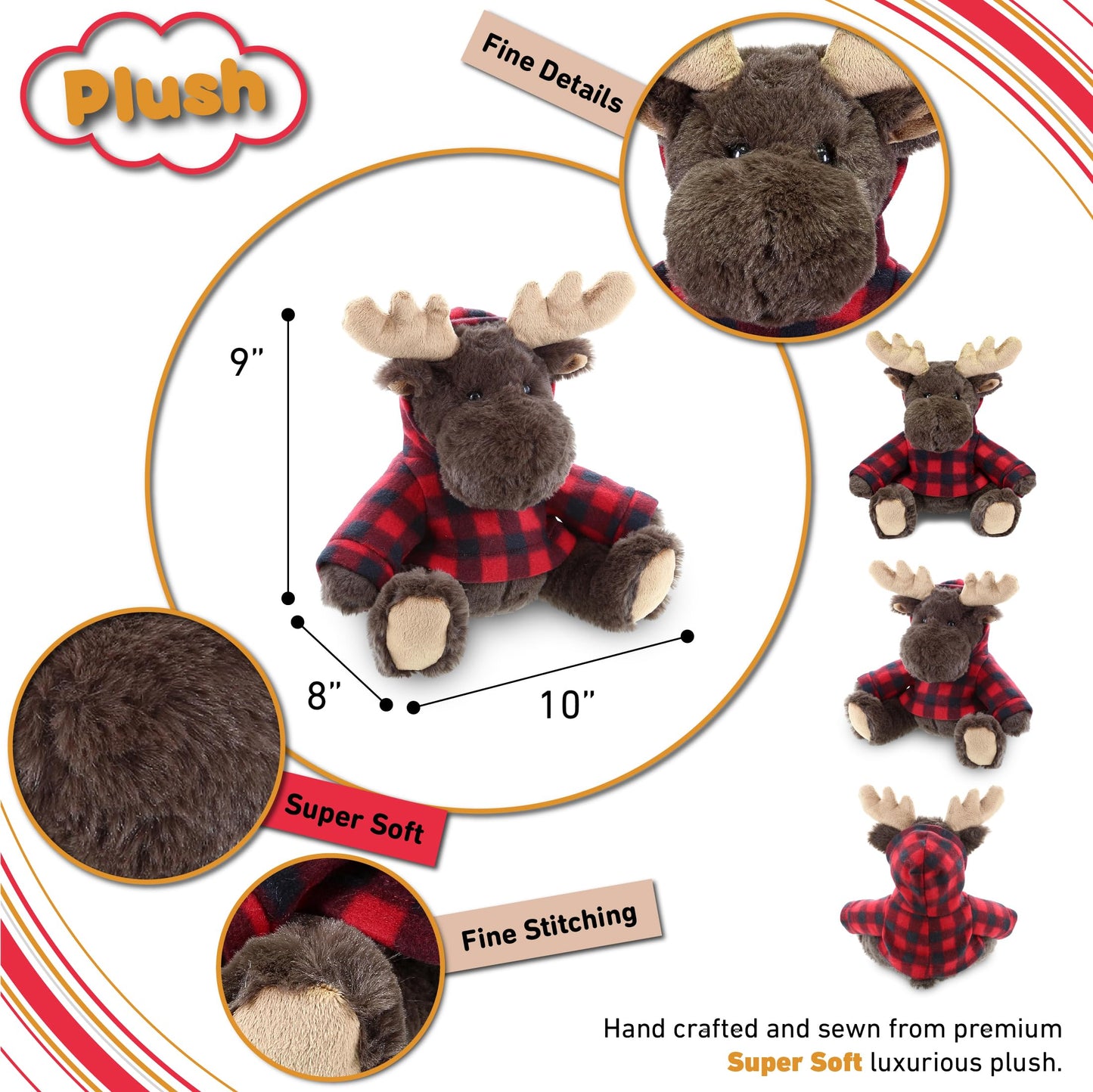 DolliBu Super Soft Moose Stuffed Animal with Plaid Red Hoodie Sweater - Cute Moose Plush Lumberjack Stuffed Toy with Plaid Jacket Animal Hoodie Dress Up for Christmas, Holiday, Winter - 10 Inches
