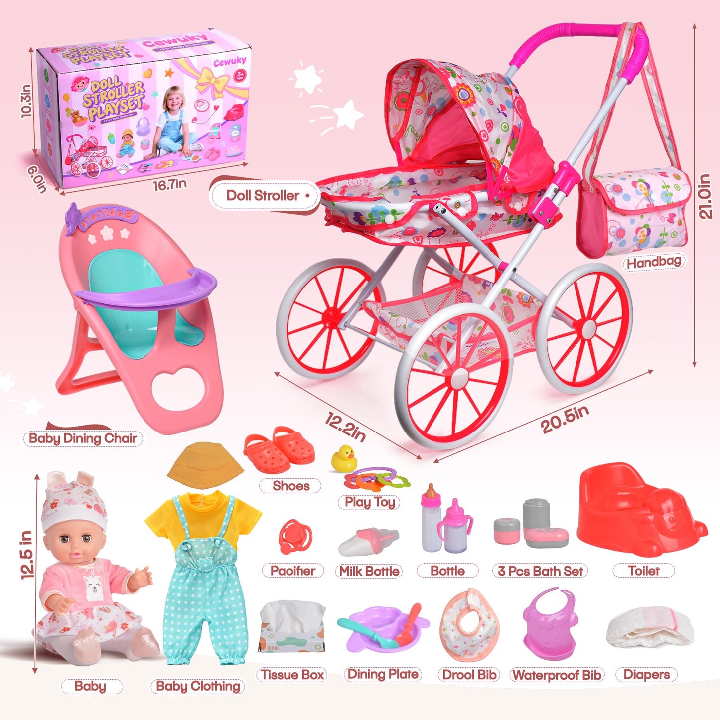 Baby Doll Stroller Set Toys with 12.5'' Baby Dolly, Baby Doll Accessories with Dining Chair&2 Set Clothes&Diaper Changing, Doll Playset for Kids, Pretend Play Girls Toys Gifts for Girls 3 4 5 Year Old