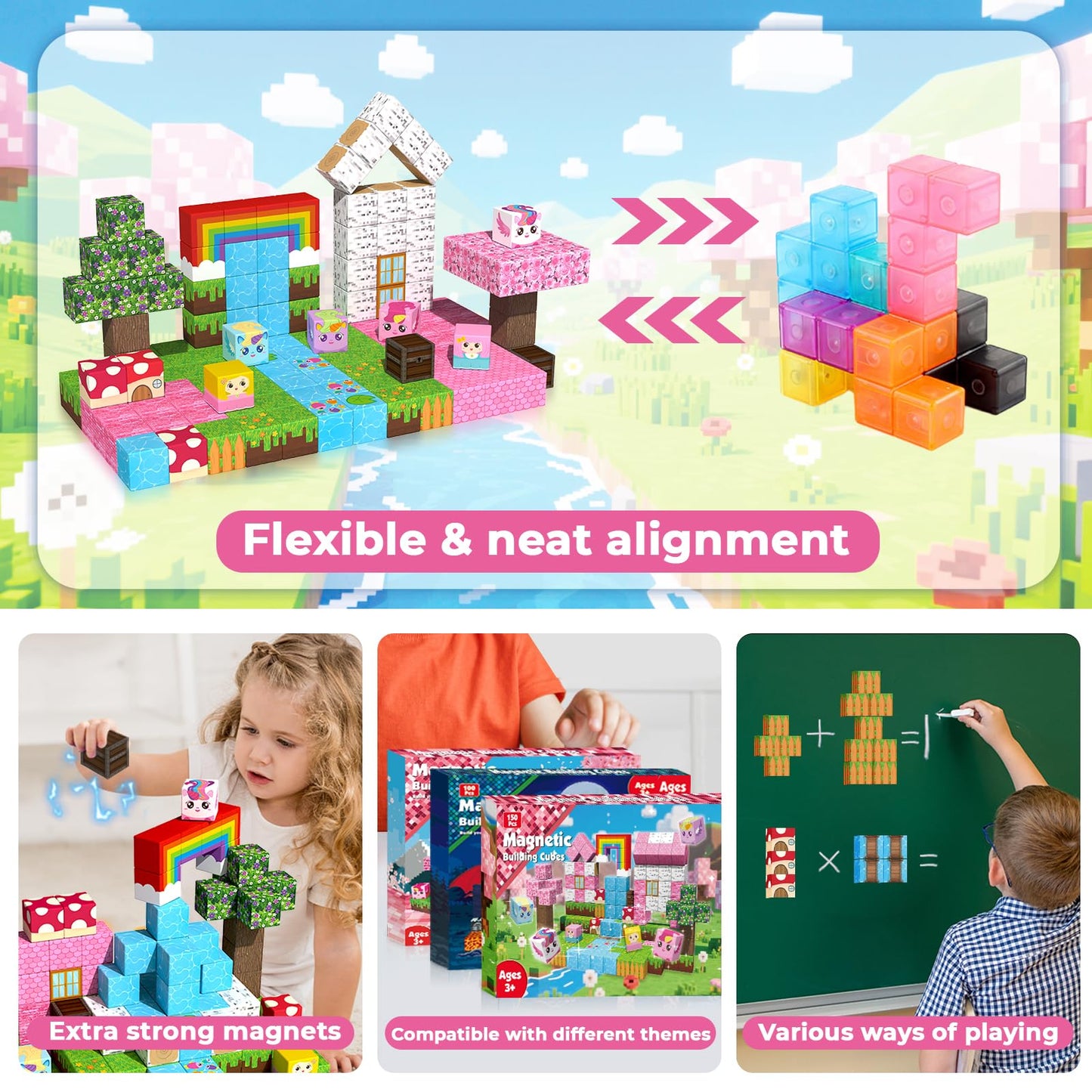 Annexfun Magnetic Blocks - 150PCS Building Blocks Unicorn Cubes - Toys for Montessori Toddler Christmas Birthday Gifts - STEM Sensory Toys for 3 4 9 10 Year Old Girl