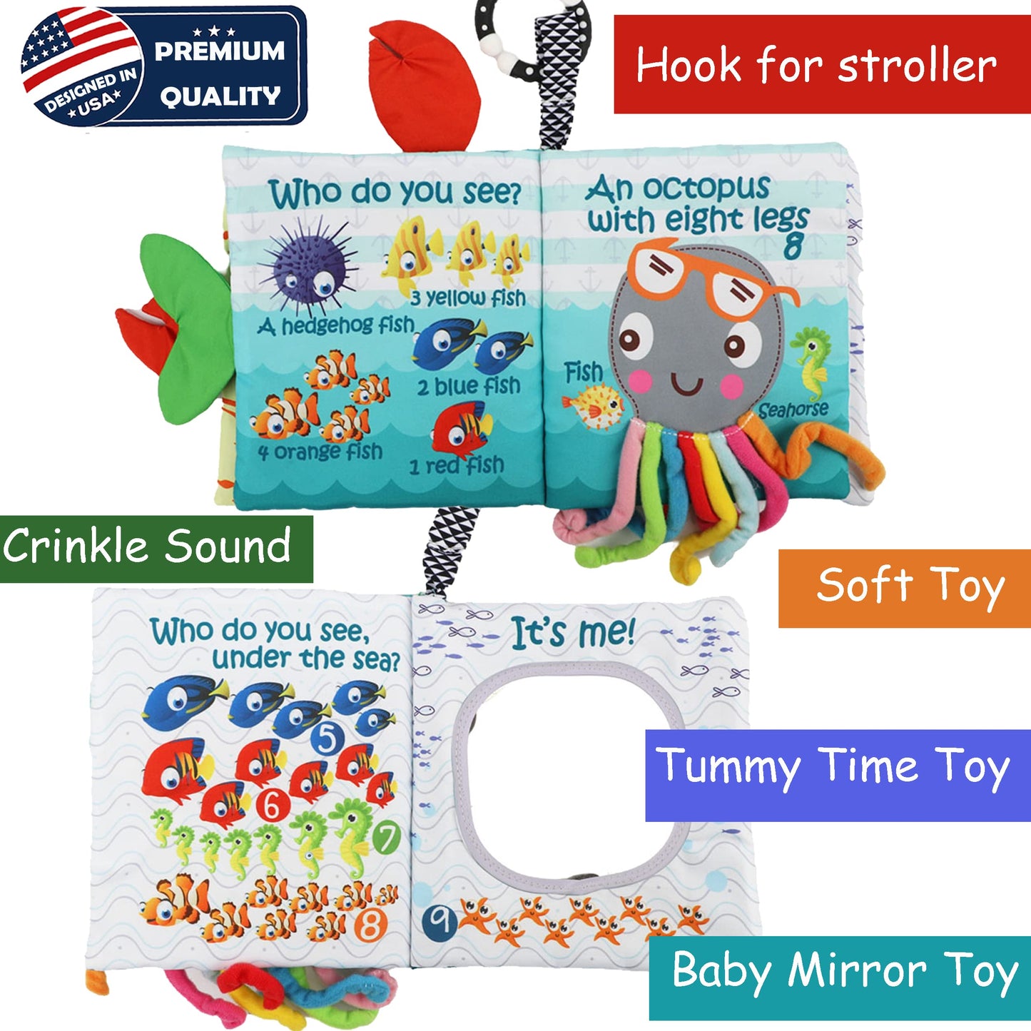 Fish Baby Books, Crinkle Books for Babies,Touch & Feel,Infant Baby Toys 0-3 0-6 6-12 Months, Sensory Mirror Toys,Soft Teether,Teething Toy,Shower Baby Basket Stuffers,Baby Gifts for Boys Girls-Blue