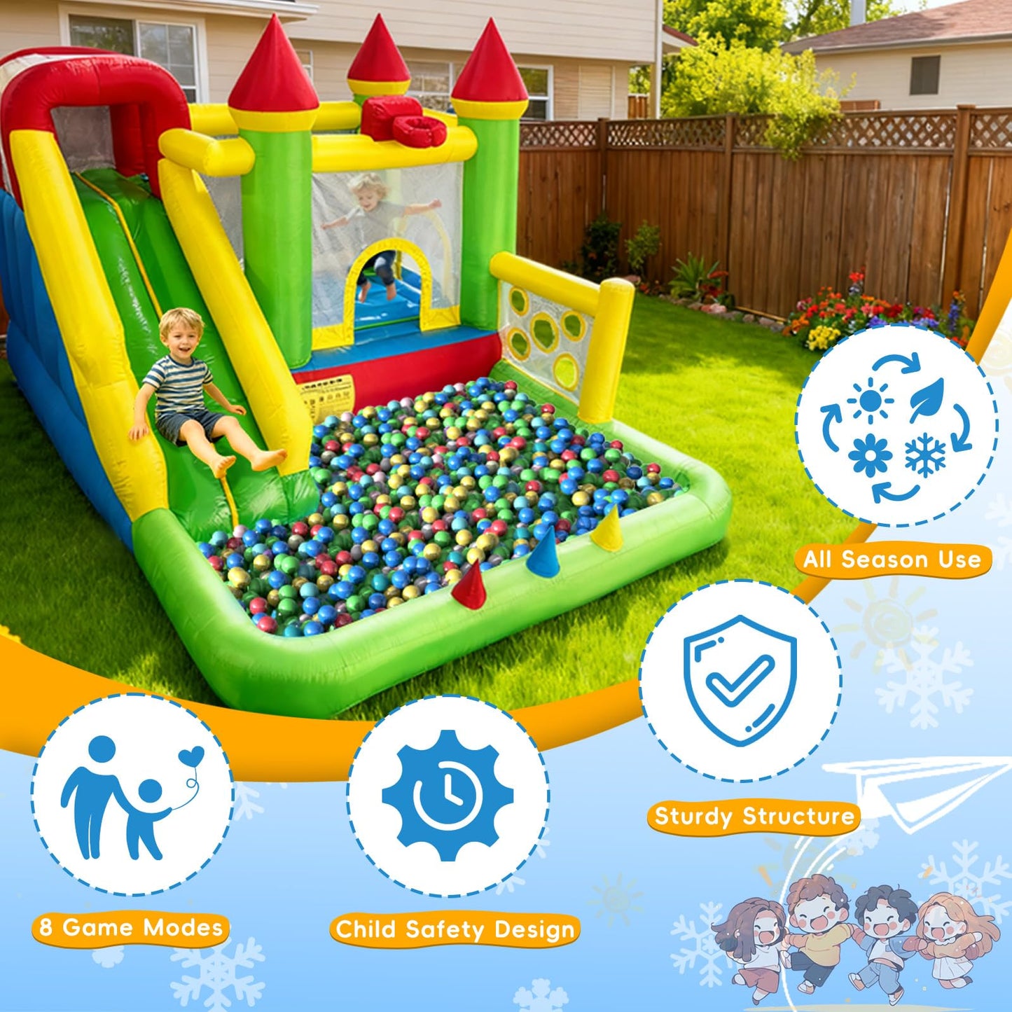 YARD Bounce House for Kids 3-6, 8-in-1 Inflatable Bouncy Castle with Slide, Blower, Ball Pit, Climb Wall, 12x13x8.5FT Jump House for Big Toddlers for Indoor & Outdoor Backyard Party Family Gathering