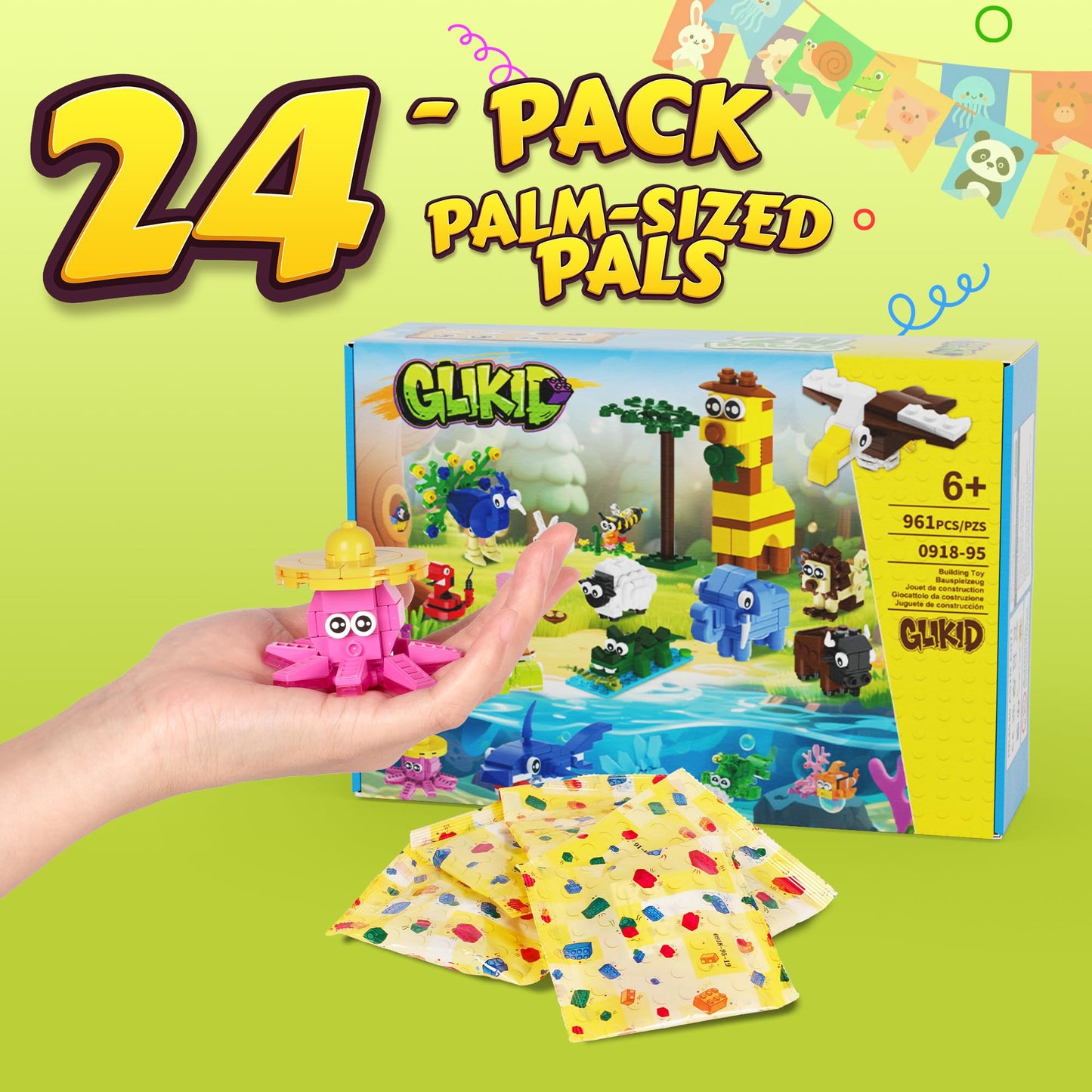 Glikid 24 Packs Party Favors for Kids 4-8 8-12, 961 PCS Mini Animal Building Blocks Blind Bags for Easter Valentines Day Birthday Goodie Bags, Treasure Box Toys for Classroom, Pinata Stuffers