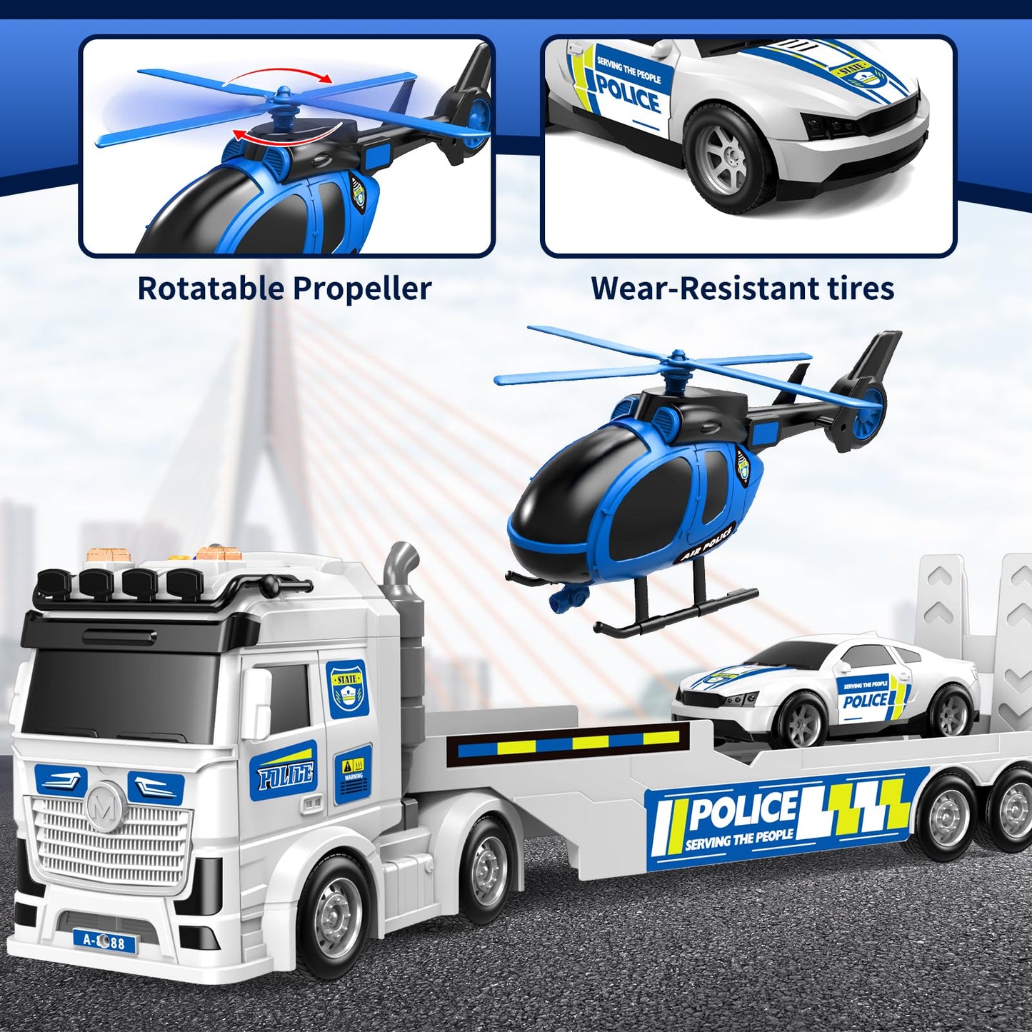 DWIRCTOYS Kids Toys for Ages 3 4 5 6 7 8 Years Old Boys, 25" Large Police Semi Truck with Helicopter & Race Car, Friction Powered Vehicle with Lights & Sounds,Birthday Gift for Boys Girls