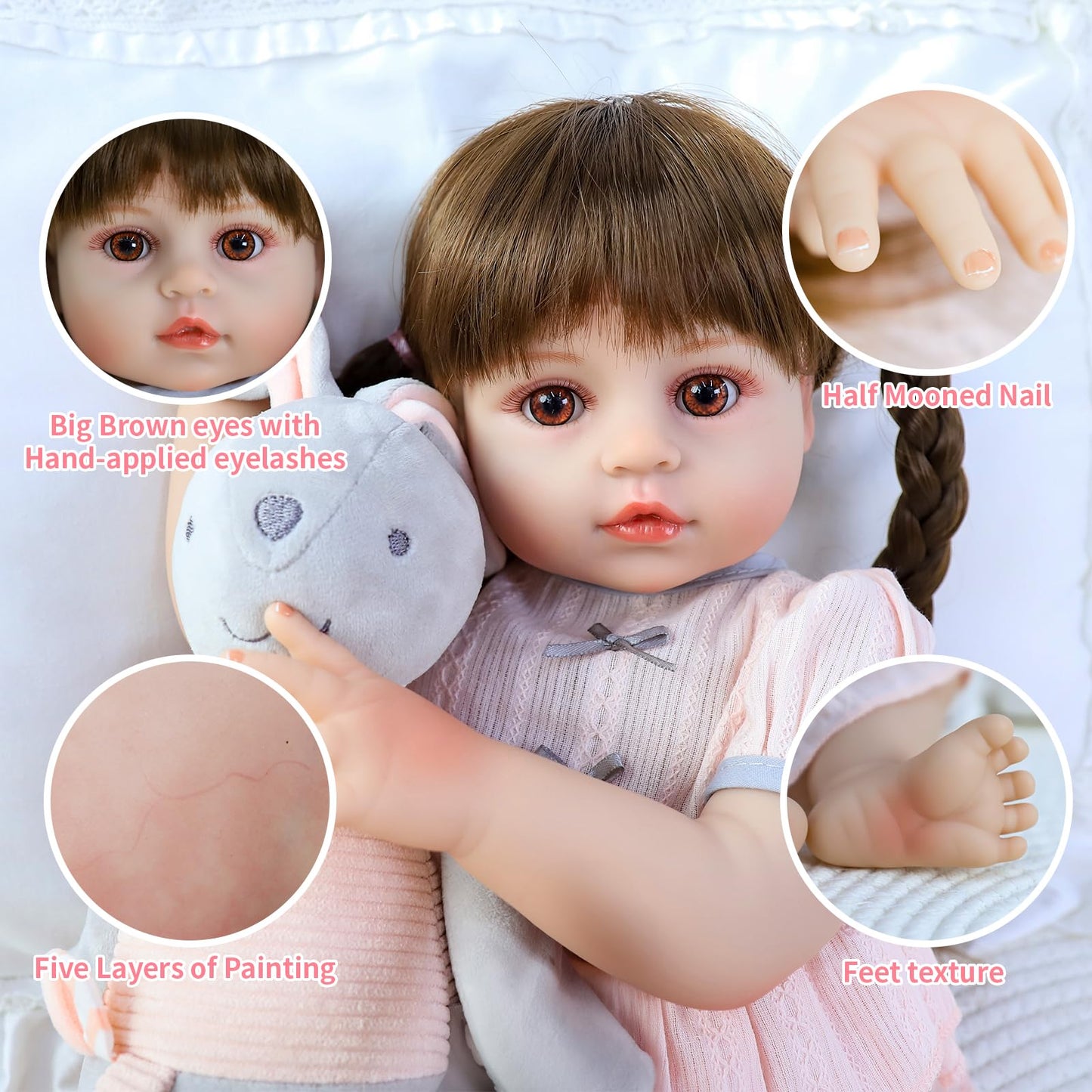 SCOM 18 Inch Reborn Baby Doll Girl with Long Hair, Lifelike Vinyl Baby Doll with Realistic Facial Details & Weighted Body, with Accessories, for Kids 3+, New Parents Training & Elderly Companion Play