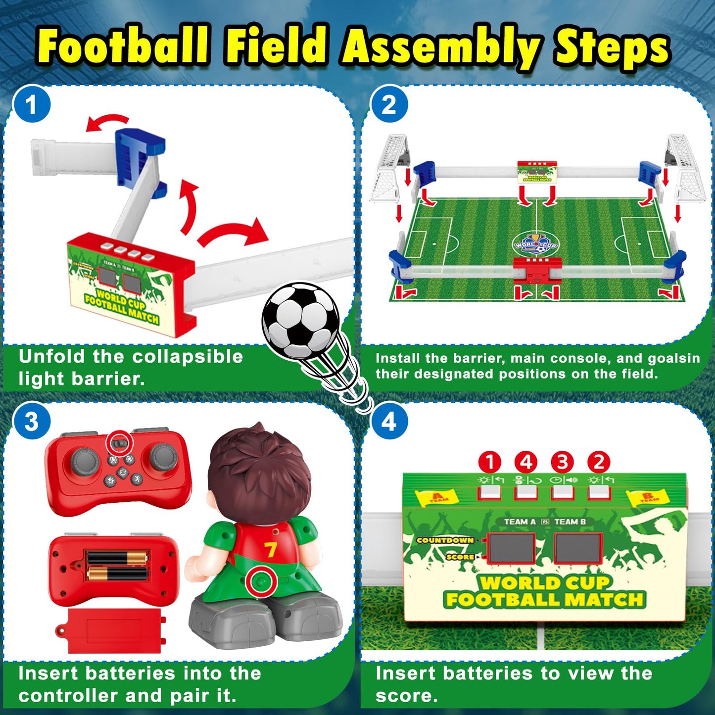 Cokzer Remote Control Soccer Toy, Foosball Table Game for Kids with 4 Remotes, 3 Balls, LED Scoreboard, Lights & Sound, Rechargeable RC Soccer Board Game for 1-4 Players Ages 6+