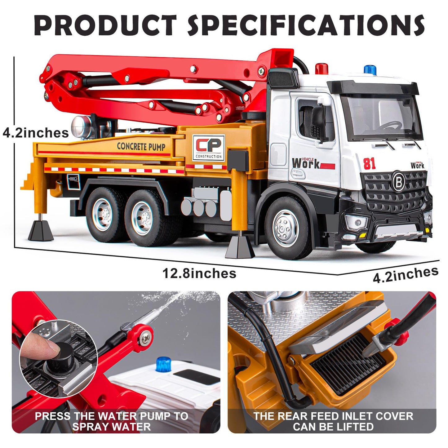 Concrete Pump Truck Toy Metal Cab, Diecast Construction Trucks with Working Water Pump, Lights and Sounds, Construction Vehicles Toys for 3 4 5 6 Years Old Boys Kids, 12.8"