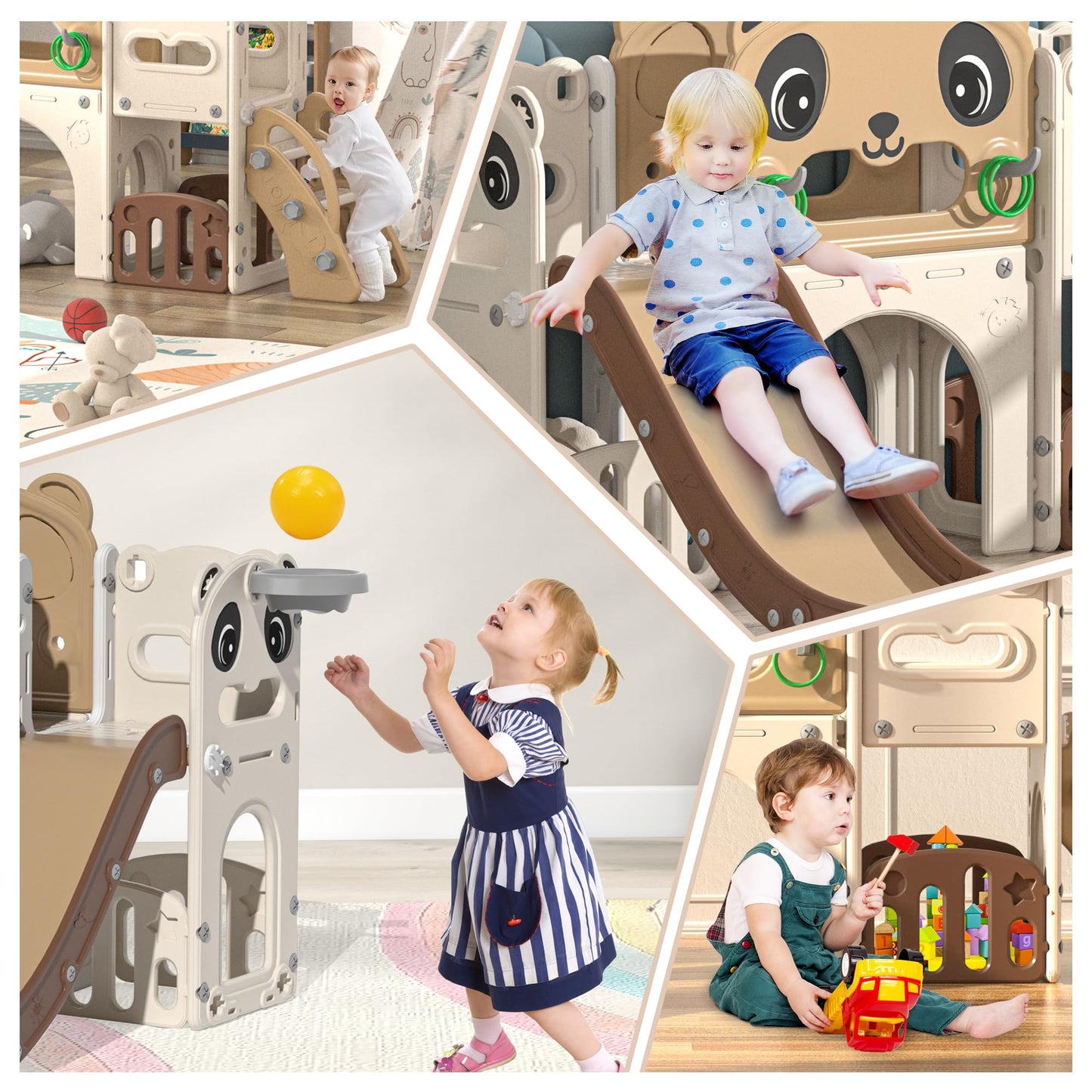 NYEEKOY 9 in 1 Toddler Slide and Climber Playset Indoor Outdoor Kids Slide with Basketball Hoop,Telescope and Storage Space, Freestanding Backyard Playground for Children Age 1-6