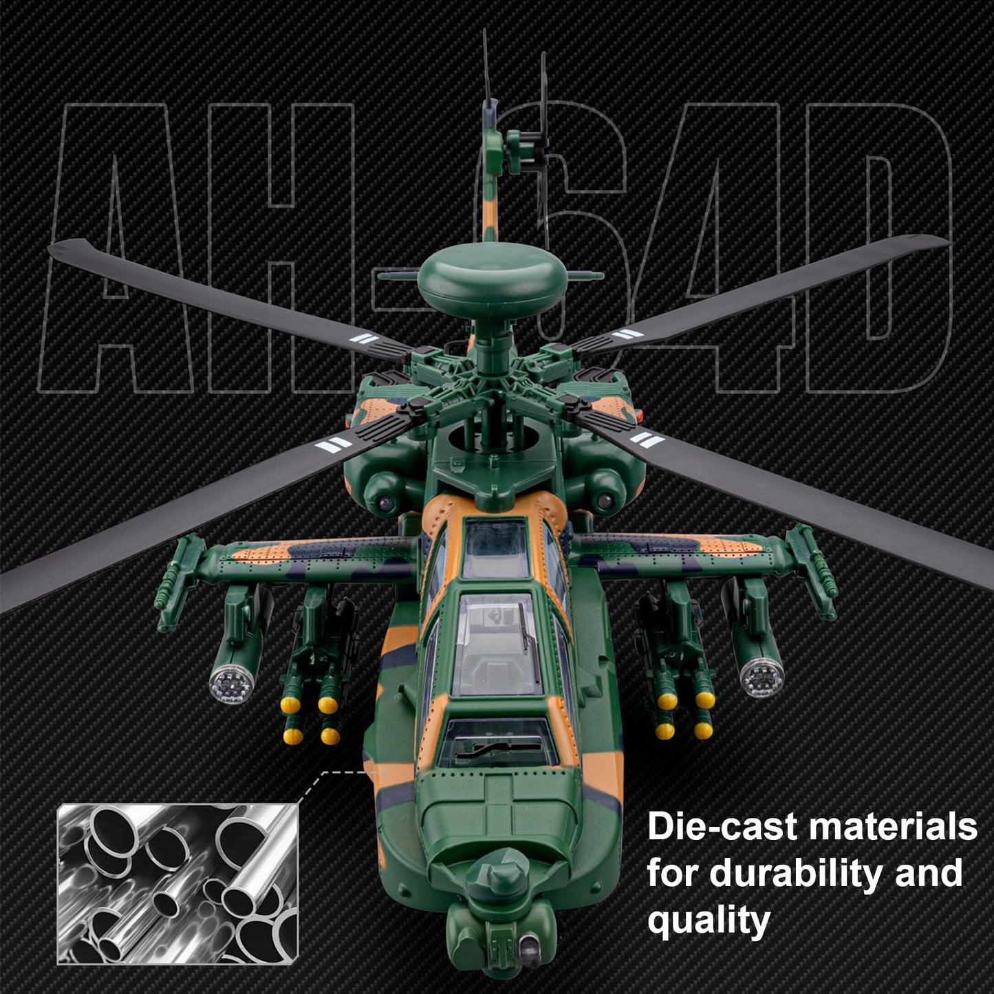 AH-64 Apache Attack Helicopter Diecast Model Airplane Toy, 1:46 Plane Military Fighter Jet Toy, Light and Sound for Kids 3+ (Gray)