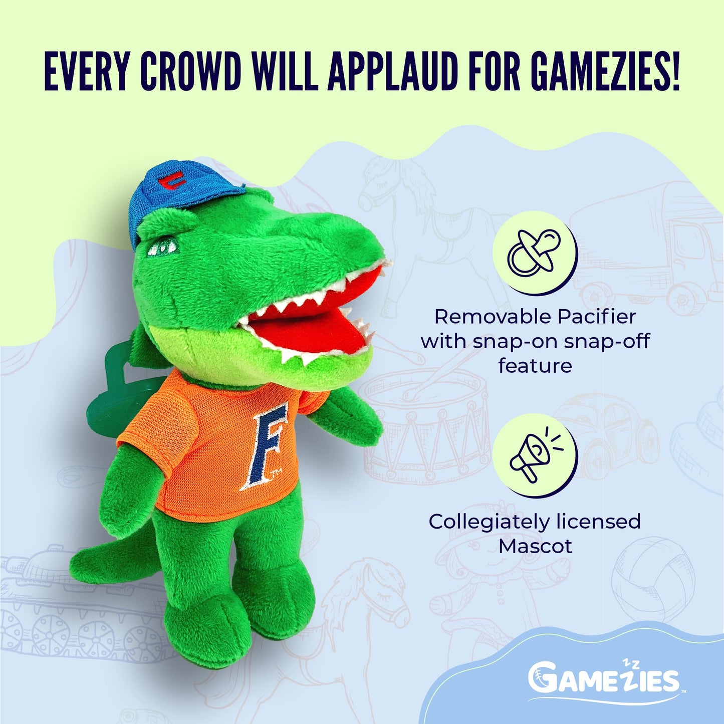 GAMEZIES Baby Boy and Girl Silicone University of Florida Albert Mascot Plush Pacifier Removable, Washable Plush Toy CPSIA Tested, BPA-Free 0-6 Months