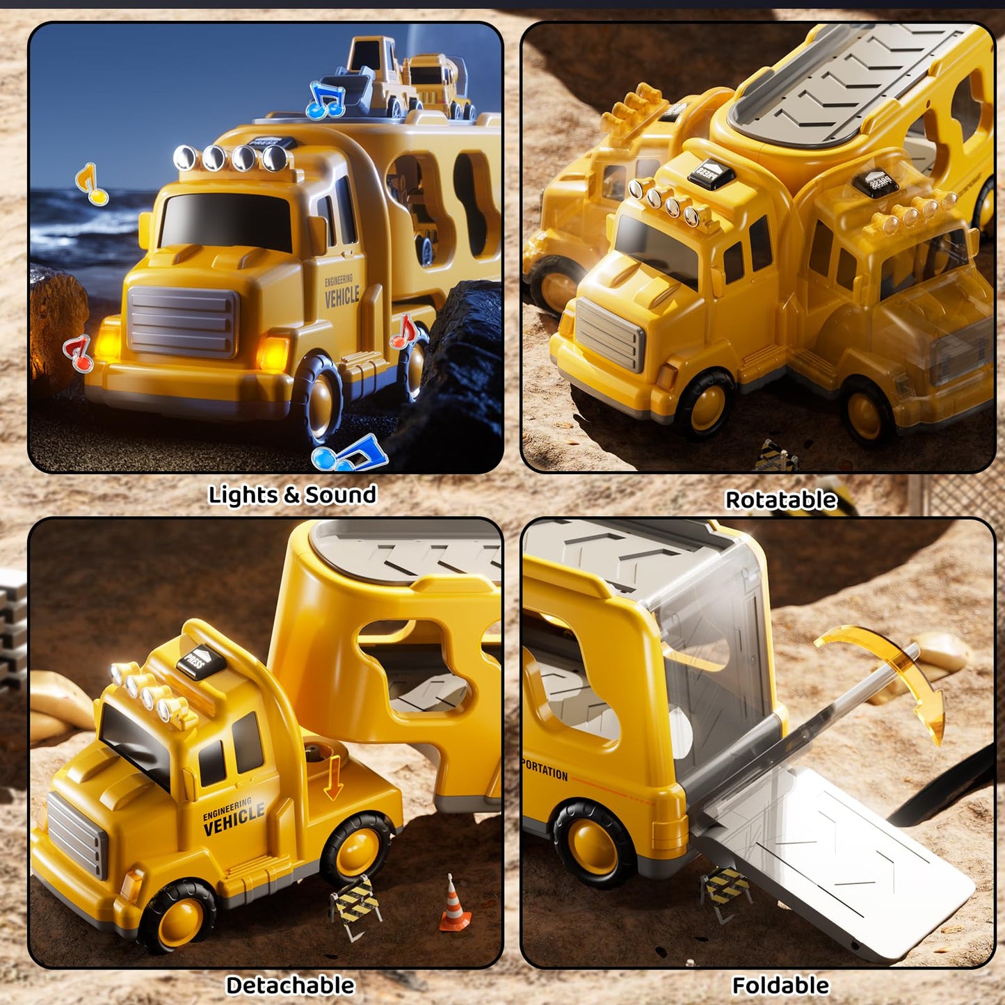 DULONIME Construction Truck Toys Set for Kids Aged 1 2 3 4 5 6 7 8, Truck Playset with Toy Car, Light and Sound, Movable Parts Construction Toys for Toddlers, Birthday Gifts for Boys Girls 2-4 4-7