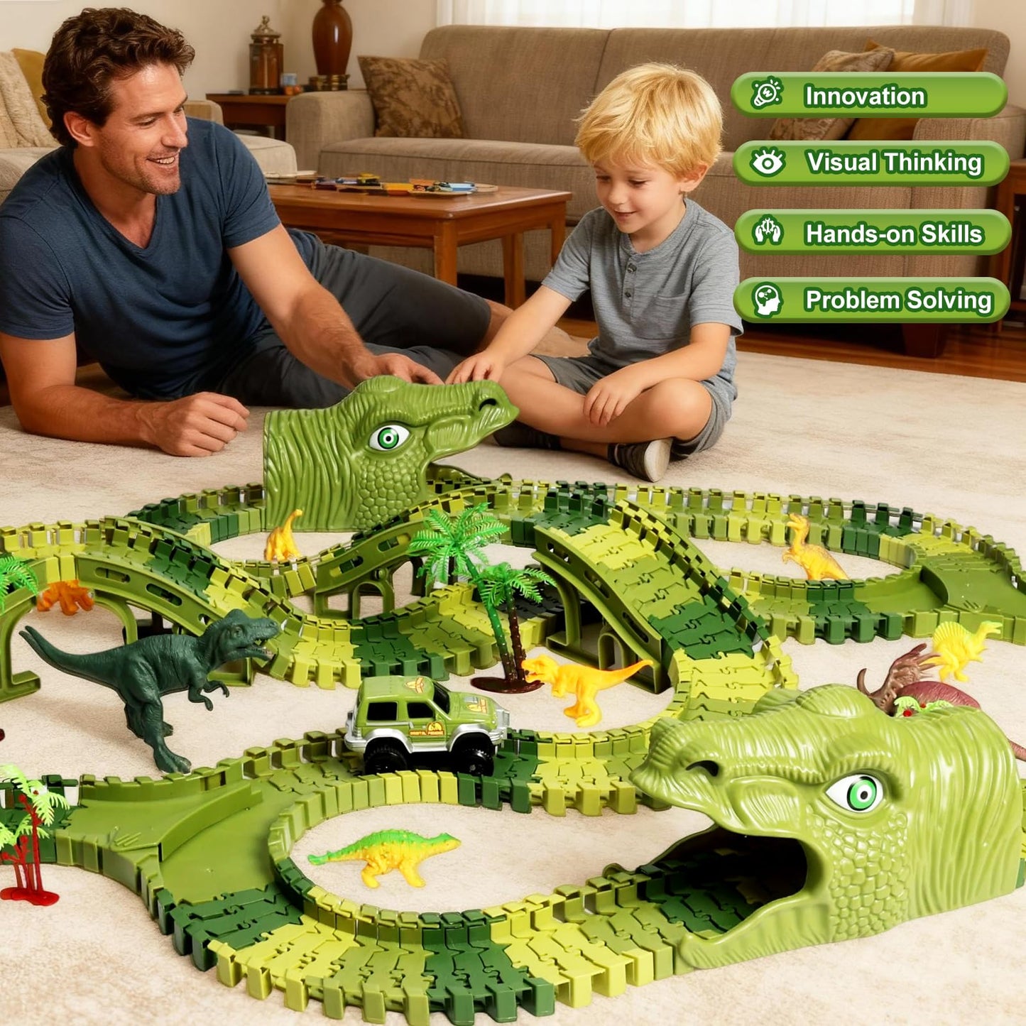 Dinosaur Track Toys, 266 PCS Dinosaur Toys for Kids 3-5 Create A Dinosaur World Road Race Tracks, 2 Dinosaur Cars Flexible Train Track Set, Birthday Gifts 3 4 5 6 7 Year Old Boys Girls