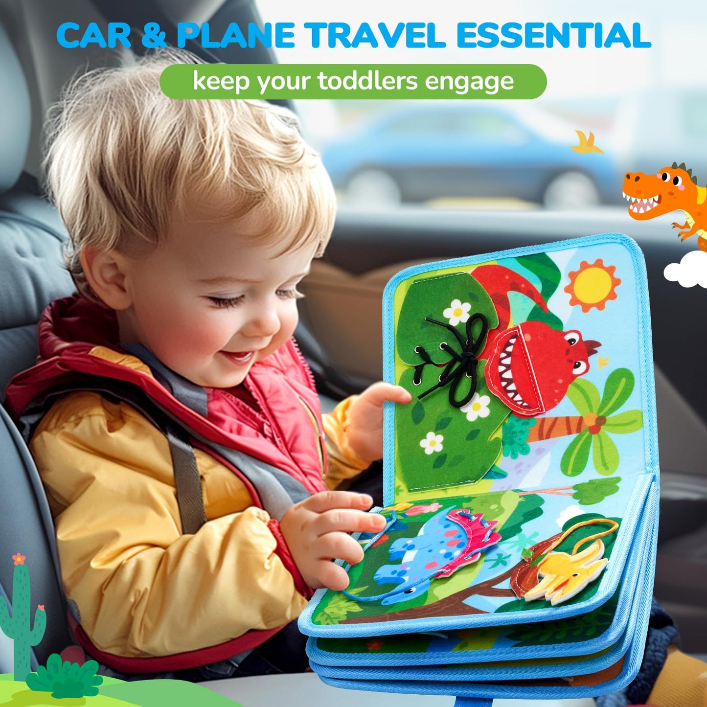 JoyCat Dinosaur Toddler Busy Book, Busy Board for 2 3 4 5 Year Old -Travel Toy Quiet Activity Book, Life Skills & Fun Games - Autism Sensory Toy, Toddler Easter Basket Stuffers Gifts