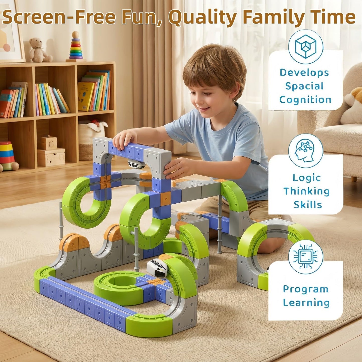 94PCS Electric Train Set, Flexible Track Fusion Train Set, DIY Train Track Building Kits with Train and Traffic Signs, for 4-10 Year Old Boys Girls Birthday Party Gifts