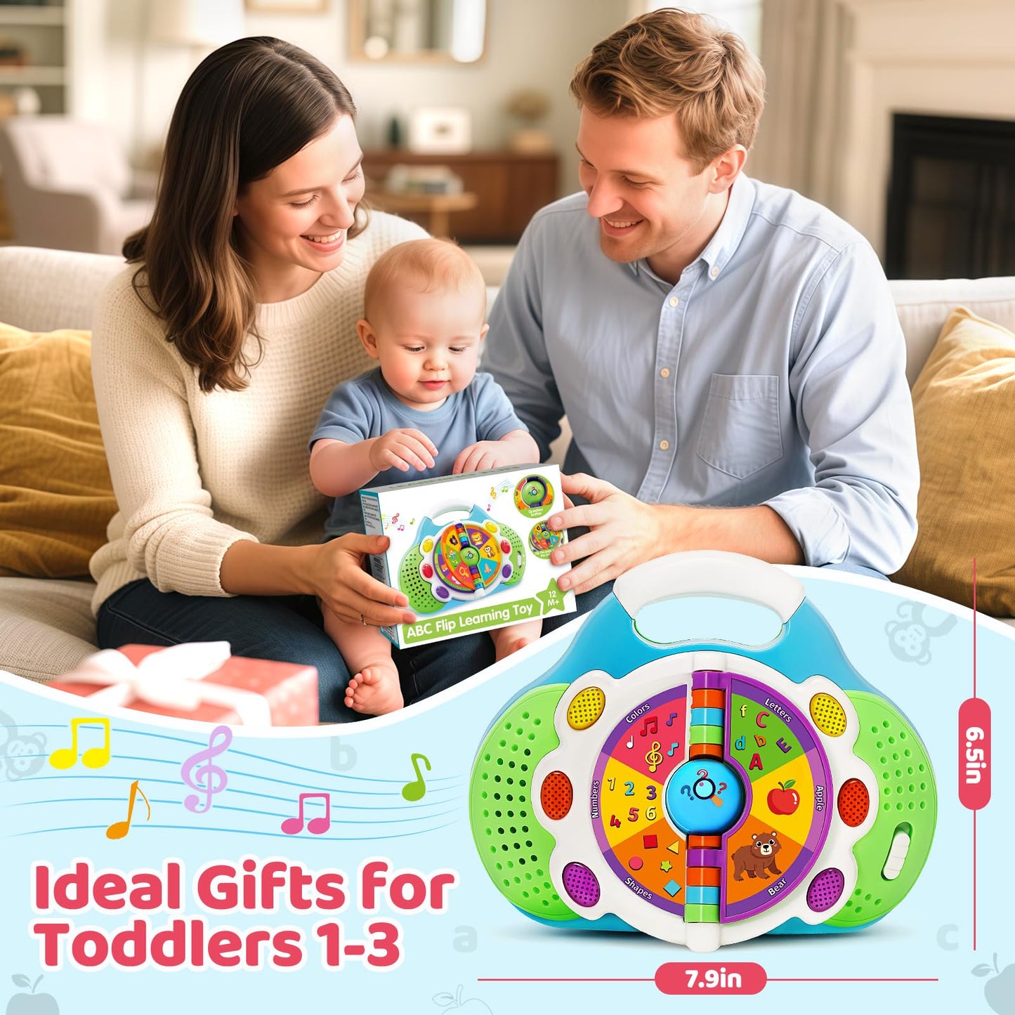 Musical Toddler Learning Toy, Alphabet Flip Book with Lights & Sounds, Car Seat Travel Toy for 1 2 3 Year Old Boys Girls, Interactive ABC Educational Toy for Daycare Classroom, Christmas Birthday Gift