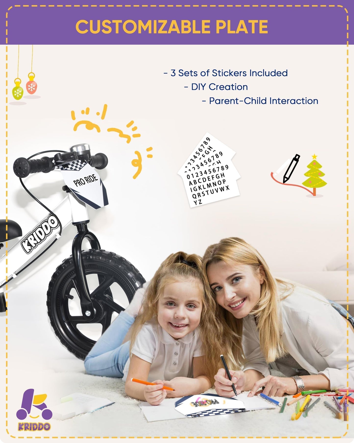 KRIDDO Pro Toddler Balance Bike 2+ Year Old with Hand Brake and Kickstand, 12 Inch Push Bicycle, Gift Bike for 2-5 Boys Girls, White