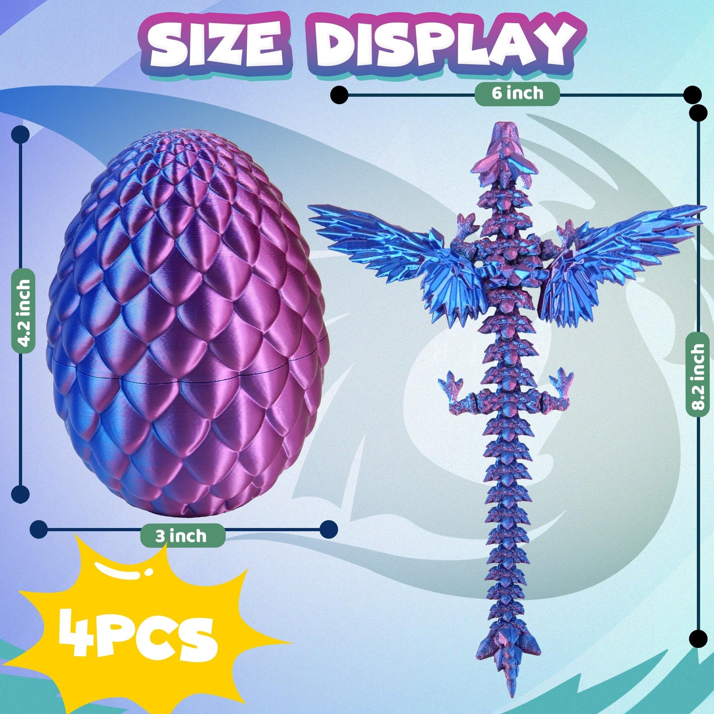 4PC Large 8.2" 3D Printed Dragon Eggs for Kids, Fidget Classroom Treasure Prize for Boy Girl Office Desk Decor for Adult Animals Dinosaur with Wings Travel Toys Easter Basket Stuffers Gifts for Teen