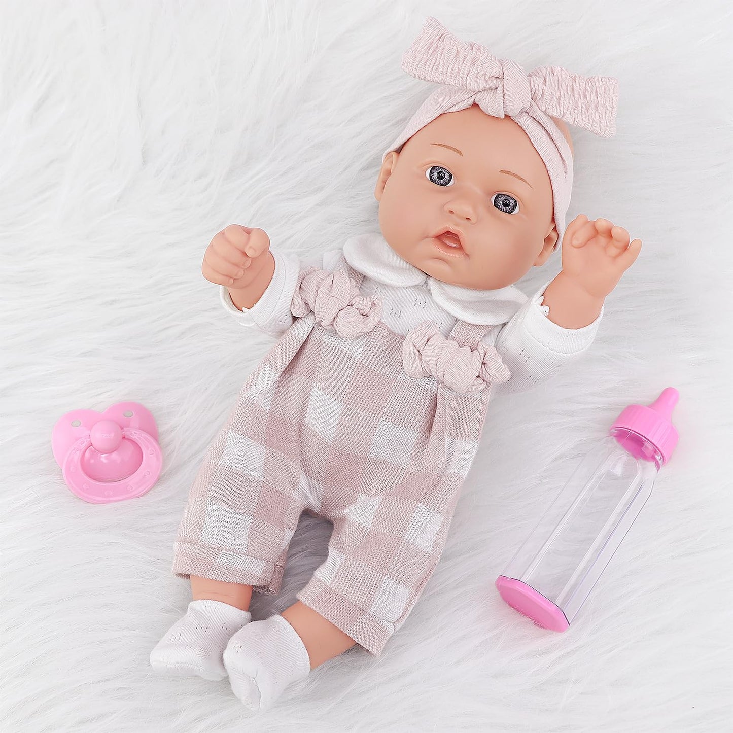 Ecore Fun 12" Baby Doll and Clothes Accessories Playset - 6 Pcs 12 Inch Doll with Pink Romper Outfit, Headband, Socks, Pacifier, Bottle | Gift Ready in Box