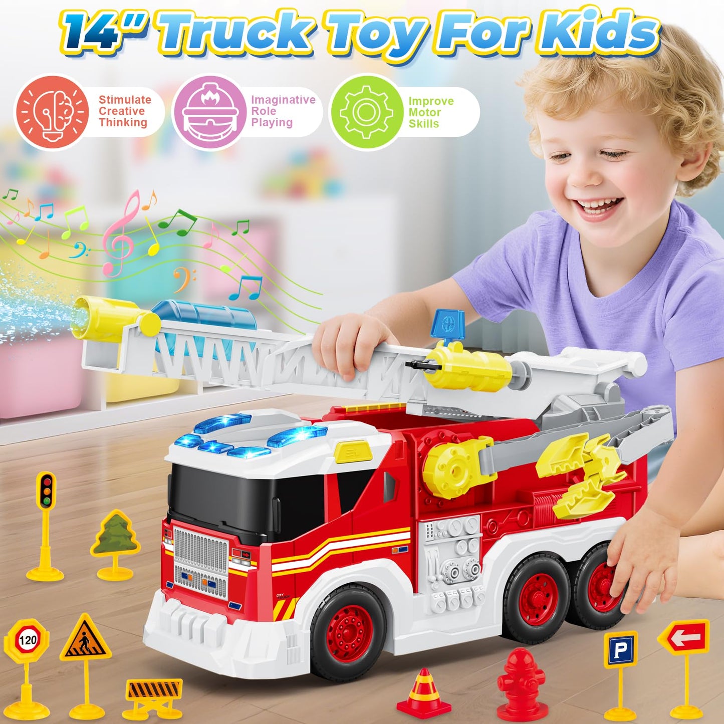 Fire Truck Toy for 3 4 5 6 Year Old Boy Gift, Toddler Toys For 3 4 5 Years Old Boy Christmas Birthday Gift, Indoor Firetruck Toy For Kids 3-6 Year Old Role Playing With Ladder, Sounds And Lights