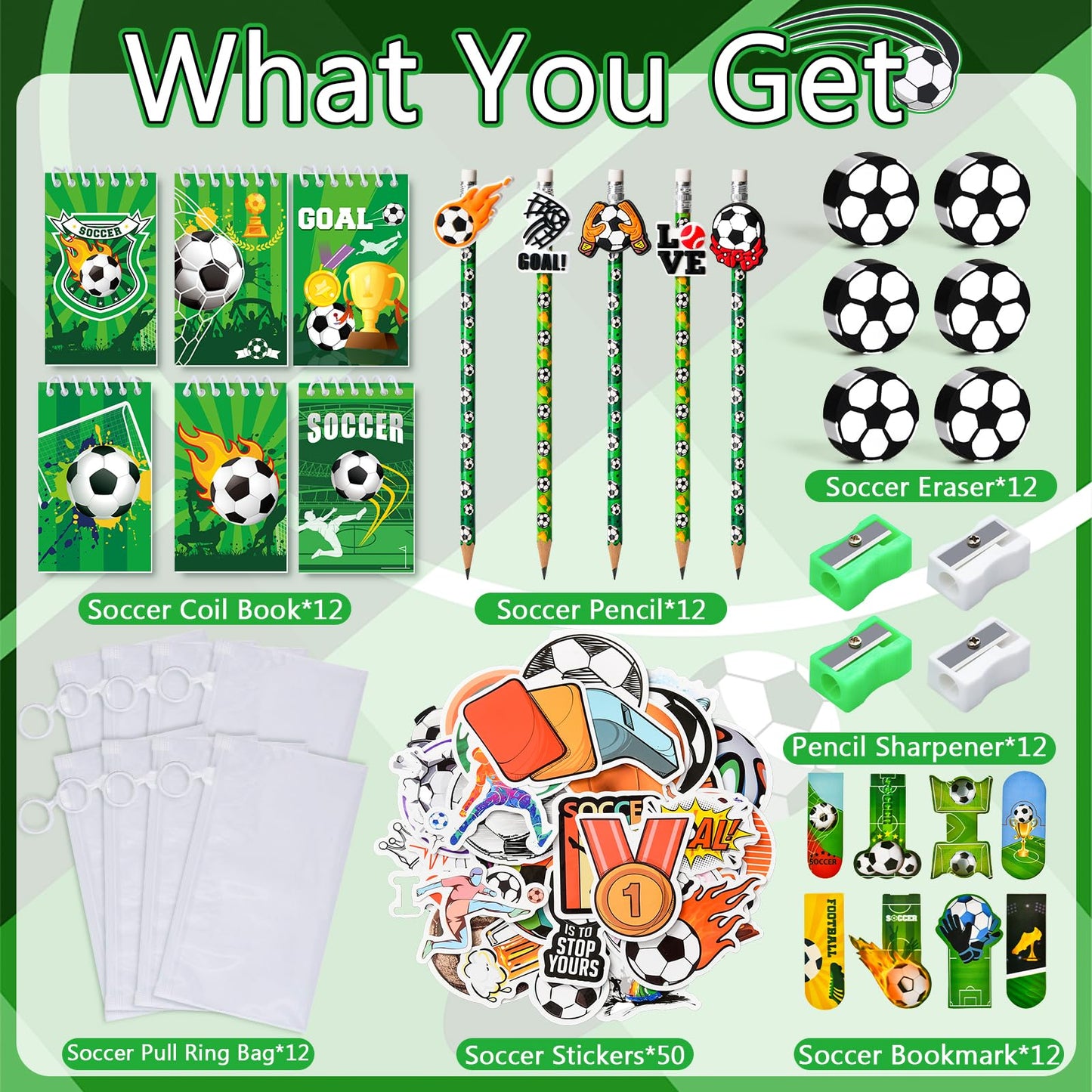 SNLN Soccer Party Favors Birthday Supplies School Stationery Bulk - Mini Notebook Pencil Eraser Bookmark Sharpener Bag Sticker, Goodie Stuffer Pinata Filler Boy Kids Soccer Themed Party Supplies