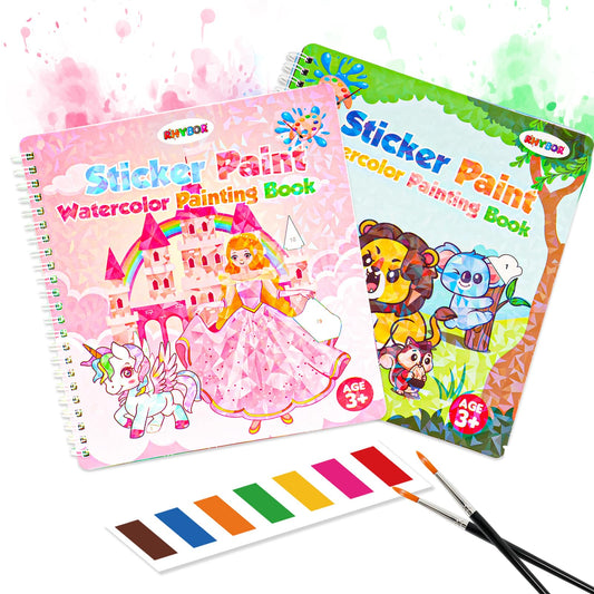 Water Coloring Books for Kids Ages 4-10, 2 Pack Paint by Sticker Activity Book, 20 Designs, Mess-Free Coloring with Built-in Paint & Brush, Travel Toys Gift