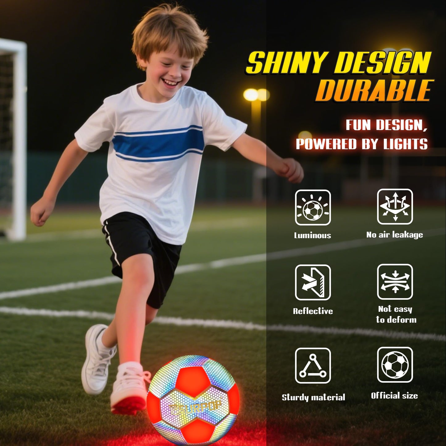 Surpop Glow in The Dark Soccer Ball with LED Lights - Light Up Soccer Ball for Night Games, Size 5 Gift for Kids & Adults, Includes Pump