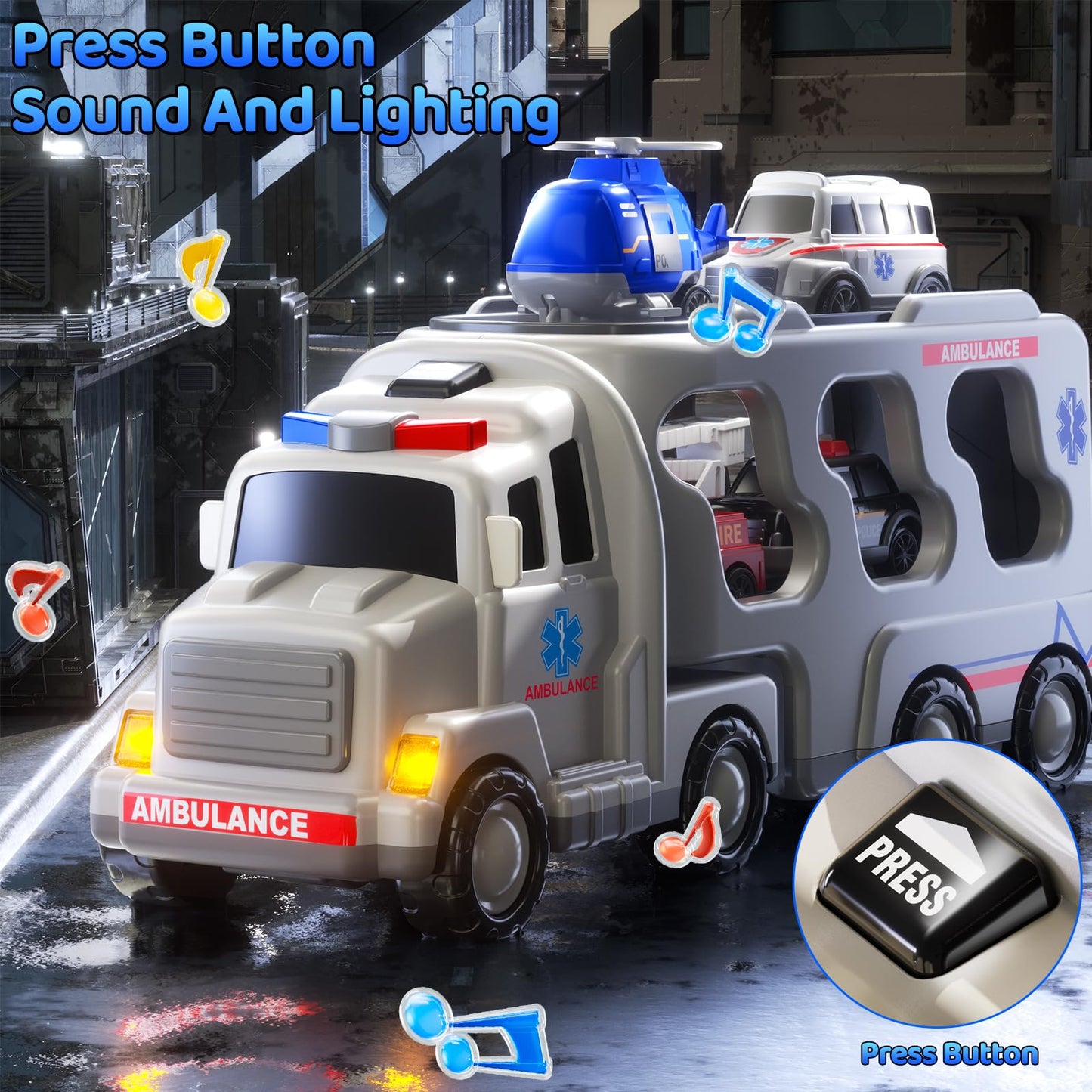 KIZONLY Ambulance Truck Toys Set for Kids Toddlers 1-3 3-5 Years Old, Carrier Truck Playset with Toy Cars, Light and Sound, City Learning Toys for Toddlers, Birthday Gifts for Boys Girls Aged 2-4 4-8