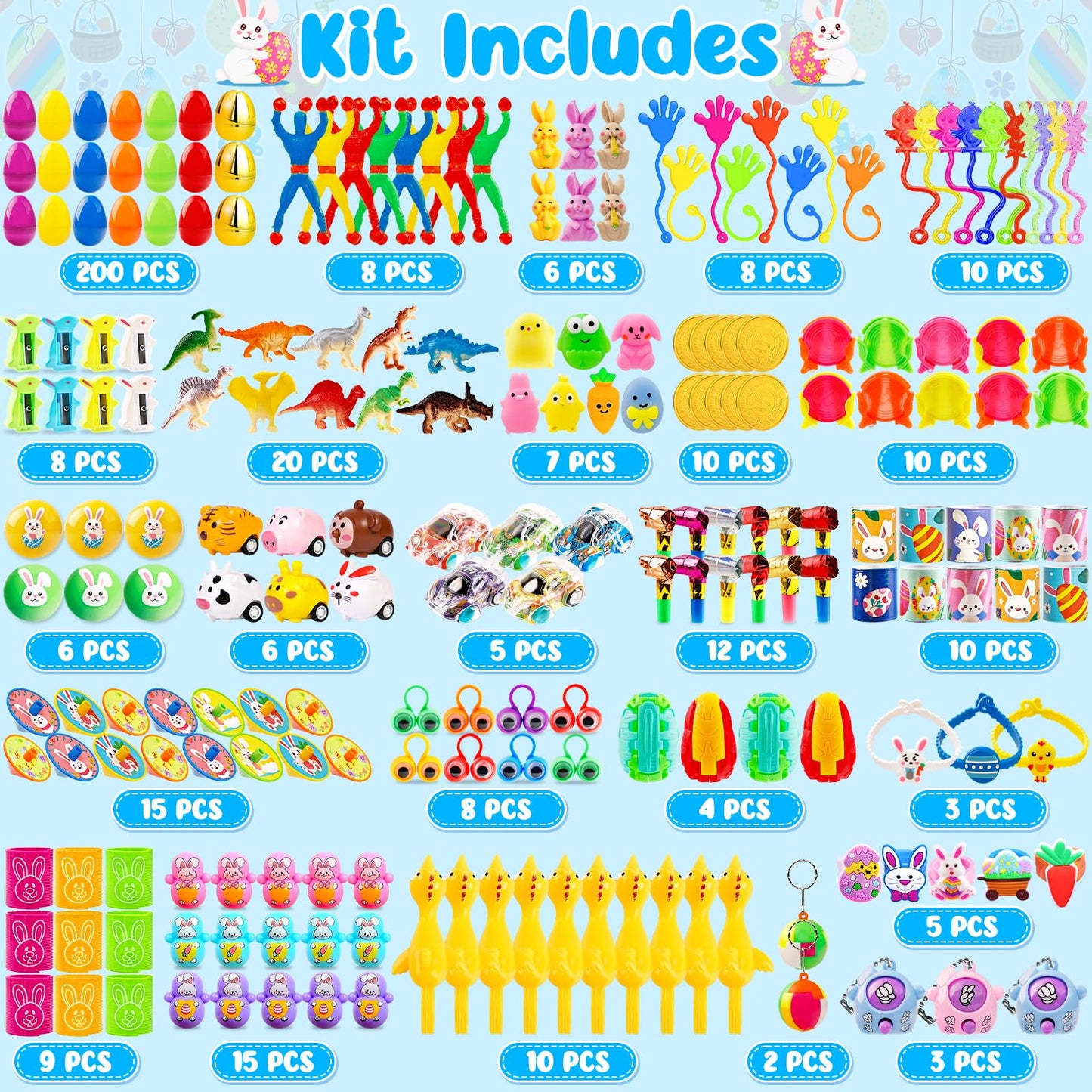 WOWSCAN [ 6 Surprise Golden Eggs ] 200 PACK Prefilled Easter Egg Fillers with Novelty Toys Inside, Easter Basket Stuffers Classroom Prizes Supplies Egg Hunt Party Favors for Kids Toddlers Boys Girls