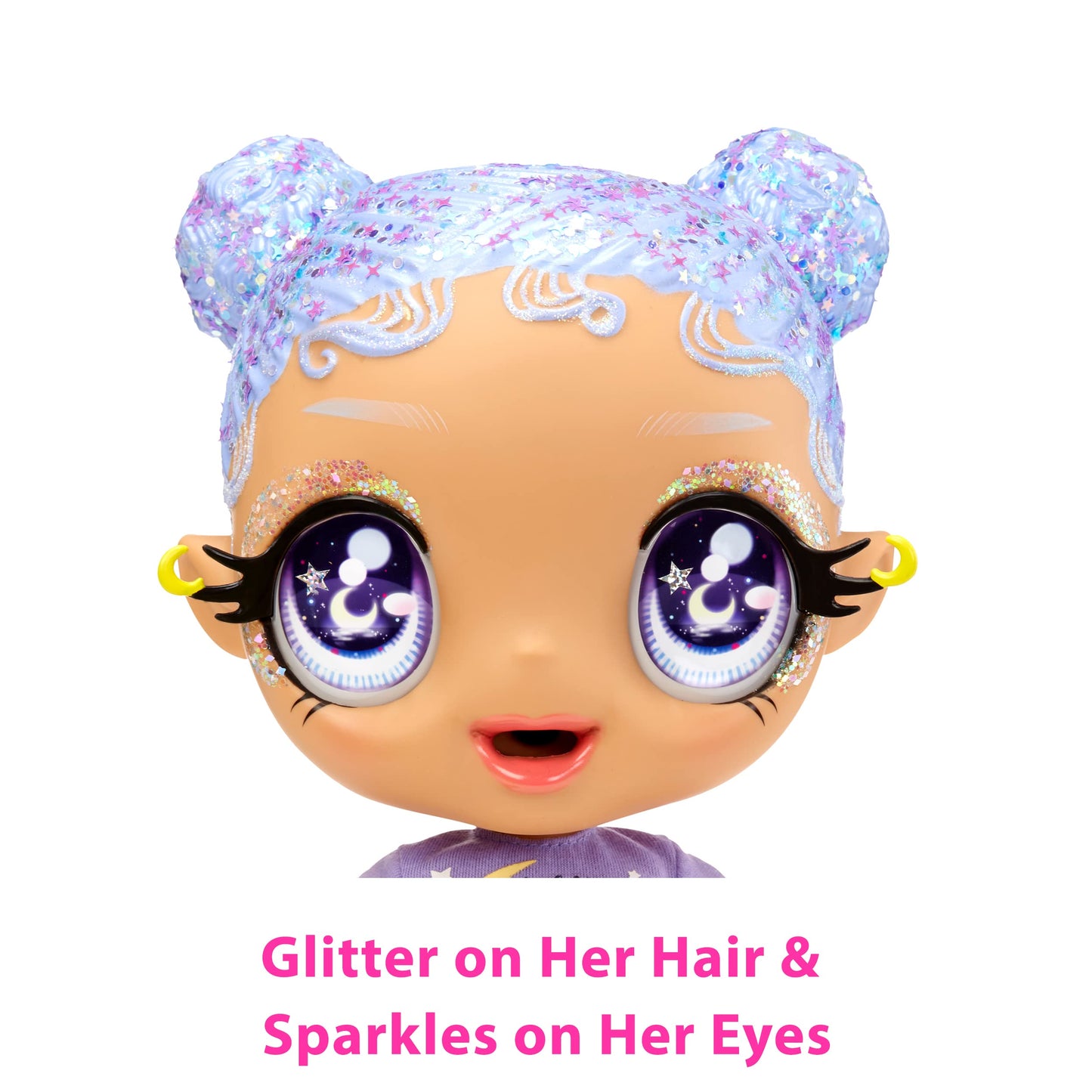 MGA Entertainment Glitter Babyz Selena Stargazer Baby Doll 3 Magical Color Changes, Pastel Purple Glitter Hair, Moon & Stars Outfit, Diaper, Bottle, Pacifier Accessories Gift for Kids, Ages 3 4 5+