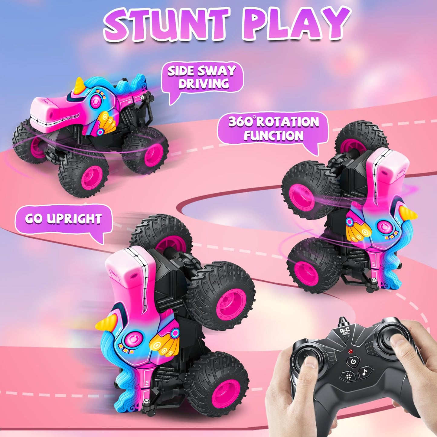 YongnKids Remote Control Car for Girls, 2.4Ghz Unicorn Monster Trucks with Light & Music,Unicorn Toys for Girls Age 3 4 5 6 7 8 Years, 360° Rotating All Terrain RC Stunt Car Rechargeable Xmas Gift
