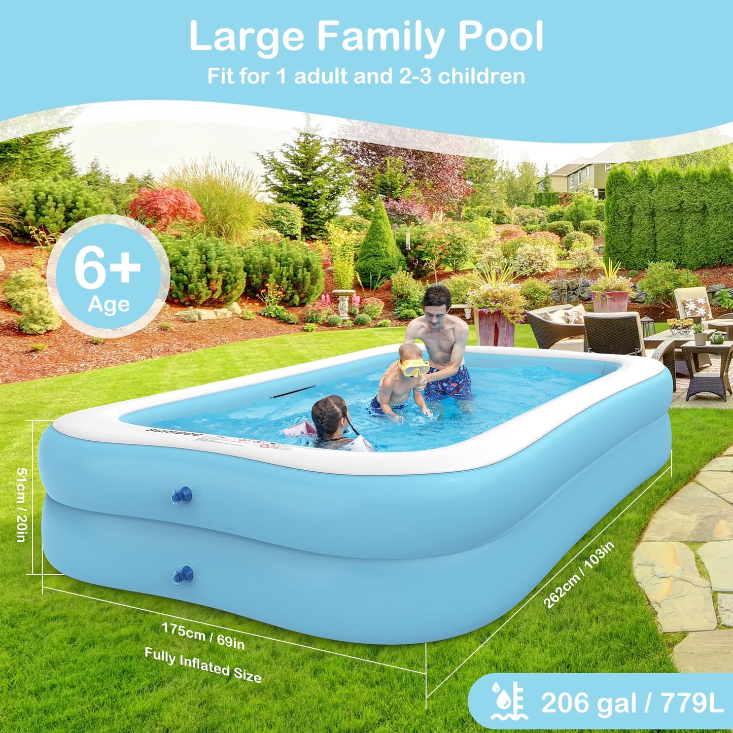 Sumbee Inflatable Swimming Kiddie Pool for Adults Kids Ages 4-8-12, Size 103" X 69" X 20" Rectangle Blow Up Family Pool for Children Backyard Outdoor Garden Summer Water Party Full-Sized Light Blue