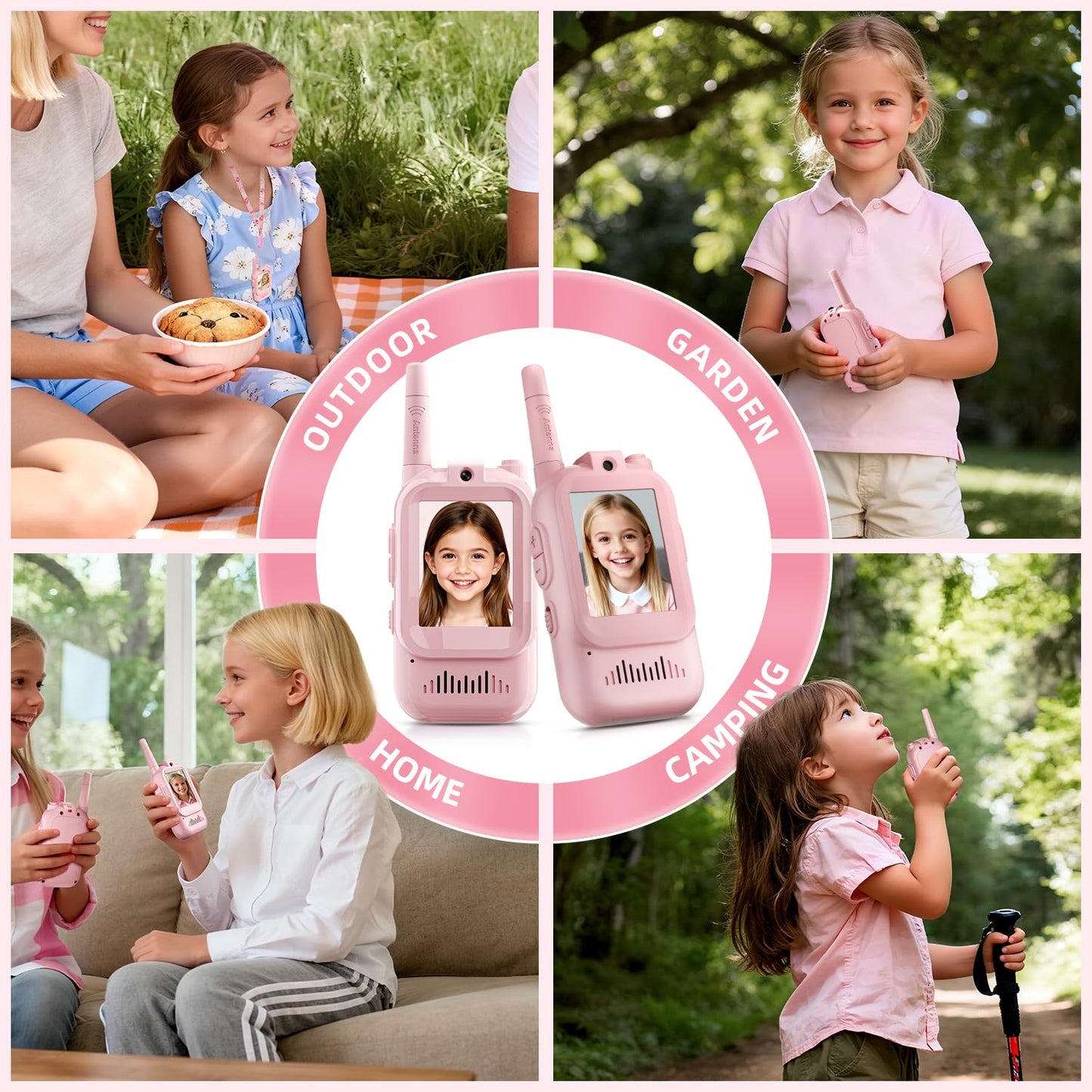 Video Walkie Talkies for Kids Ages 3-12, 2 Pack Rechargeable Video Intercom Toys with Camera, Indoor Outdoor Adventure Games for Family Camping Hiking Birthday Gifts for Boys Girls (Pink/Pink)