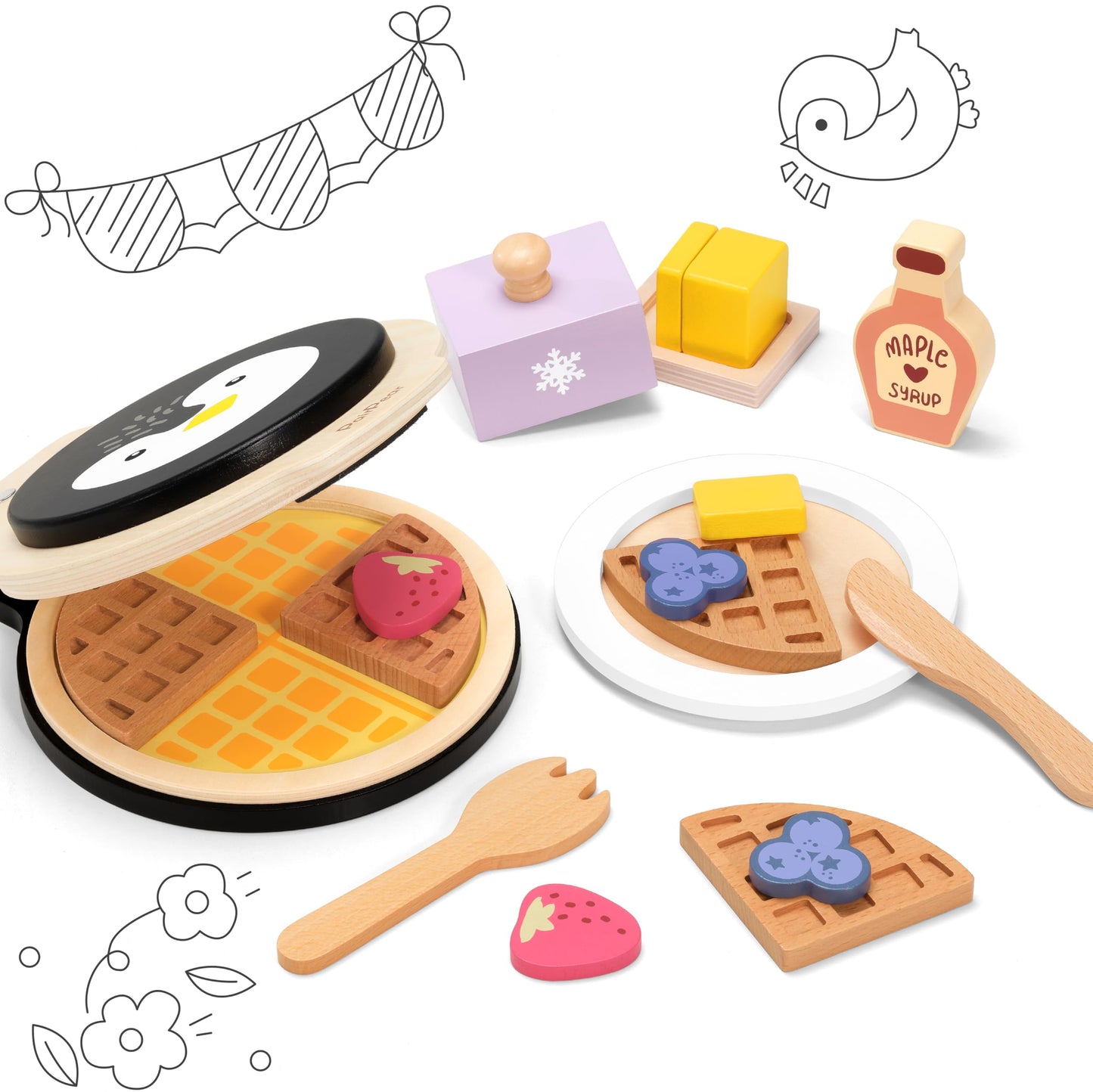 PairPear Wooden Waffle Maker Toy Food Playset, Kids Pretend Play Food Kitchen Accessories, Wooden Cooking Toy Baking Playset, Toddler Play Breakfast Brunch Tea Sets Cutting Food Gift for Girls Boys 3+