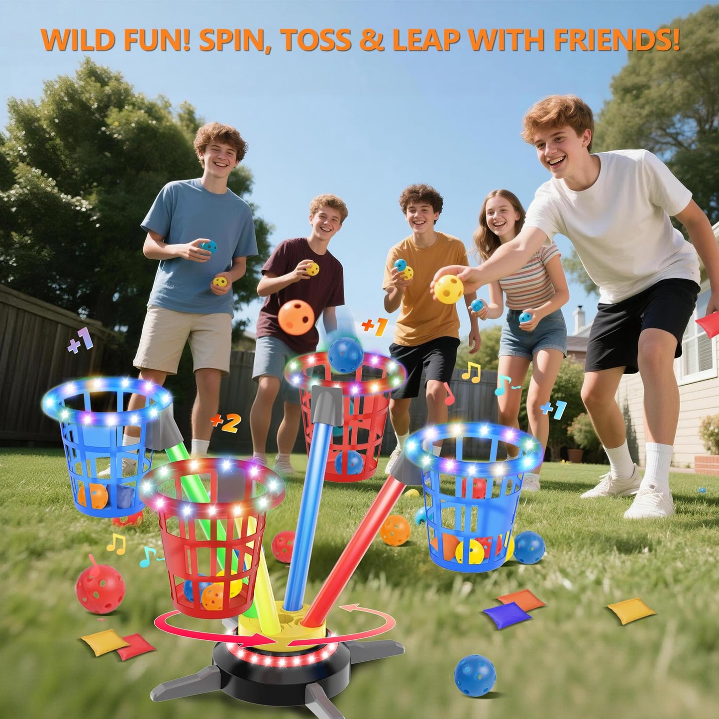 TERRAMUS 3 in 1 Bean Bag Ring Toss Game for Kids, Rechargeable Musical Jumping Games w/LED Light & Remote, Electric Spinning Base, Sandbags, Rings, Carnival Indoor Outdoor Sport Toy for 3+ Boys Girls