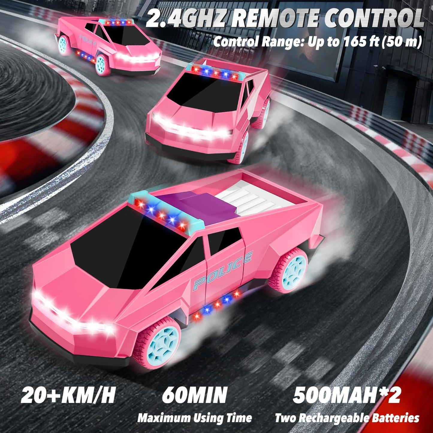 MACALOCA Cool Remote Control Car Toys for Girls, 1:20 Pink Police RC Truck with Flashing LED Lights and Loadspace, 2.4 GHz Rechargeable Racing RC Cars Vehicle Toys, Summer for Kids 3 5 7 10