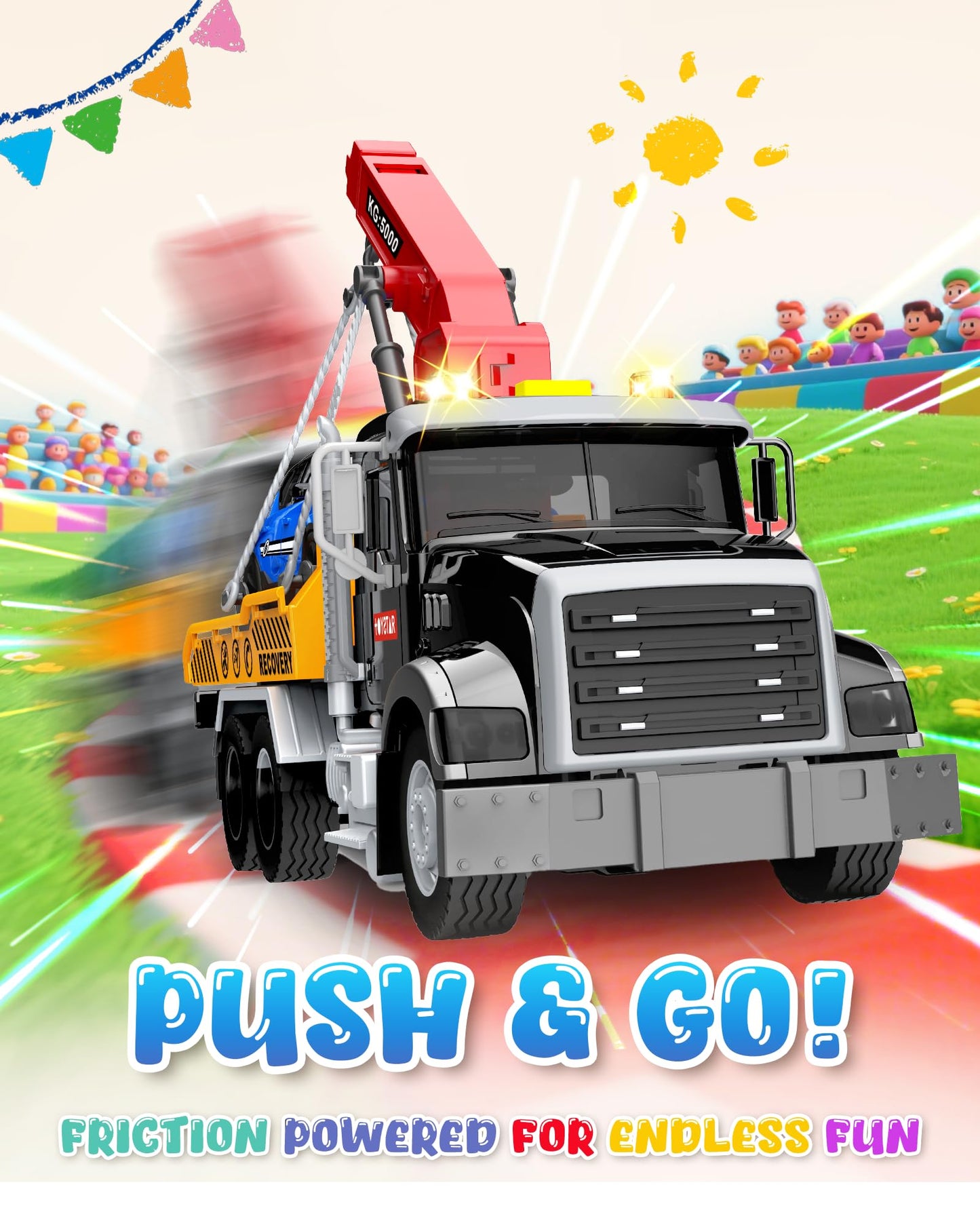 Noaln Kids Toys for 3 4 5 6 7 Years Old Boys, 15" Large Tow Truck Toy, Friction Powered Transport Toy Trucks with Lights and Sounds, Birthday Gifts for Boys & Girls with Racing Car
