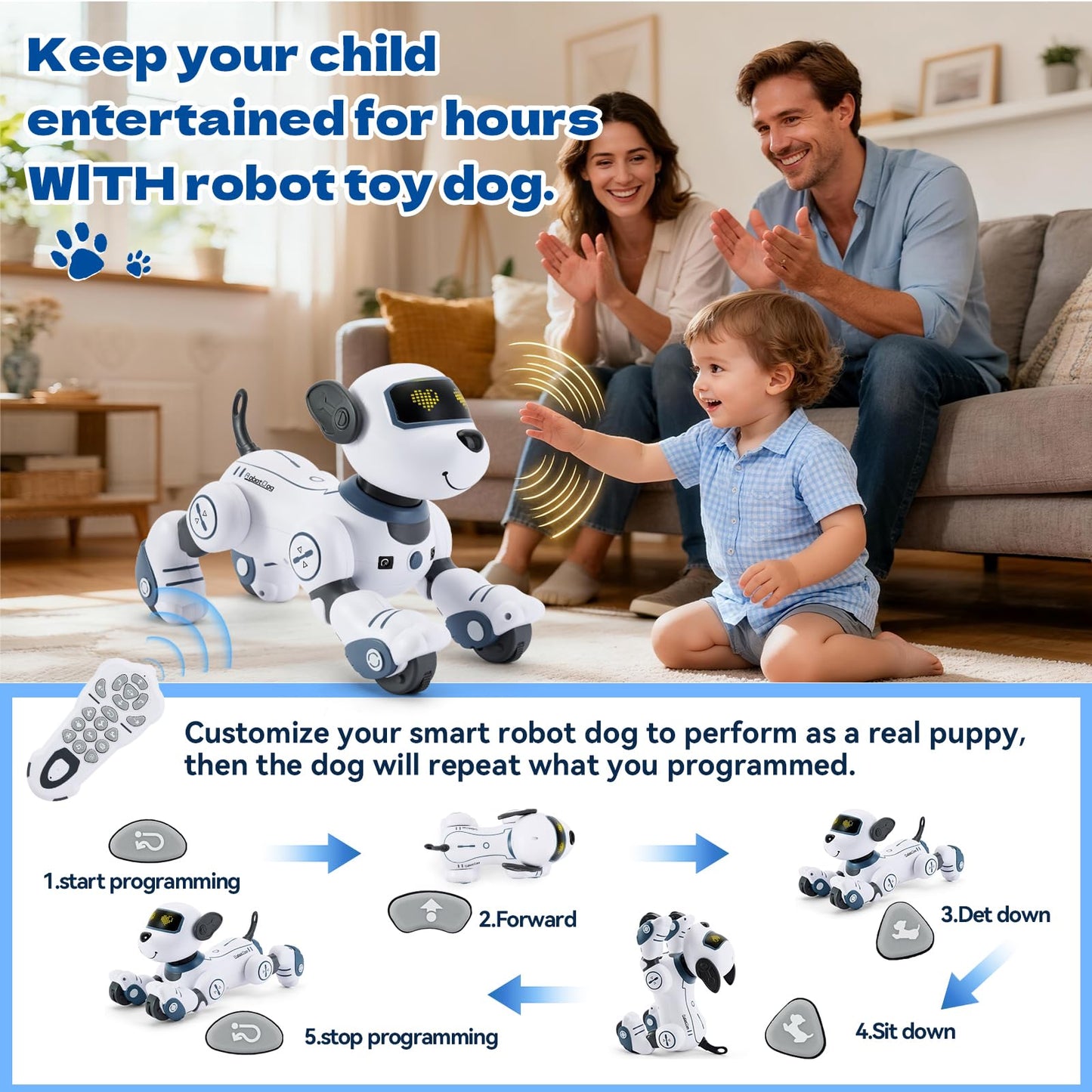 FUUY Robot Dog for Kids Robot Dog Remote Control Toy Interactive Robot Pet Robotics Toys Intelligent Robo Dog Programmable Sing & Dance Design Birthday Gifts Kids Age 3 5 4-6 Year, Blue