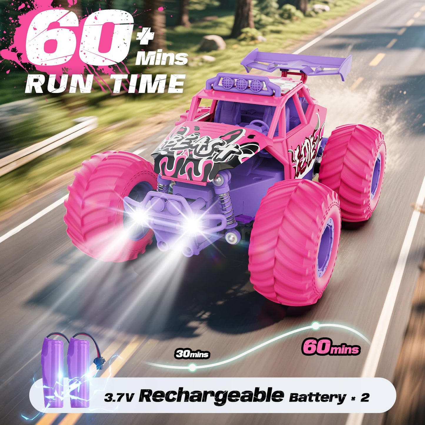 Meislane Remote Control Car, All Terrain RC Cars with Speed Switch RC Truck with LED Headlight and Rechargeable Batteries, 20KM/H Monster Truck Toys Gift for Girls Age 6-8 8-12, Pink