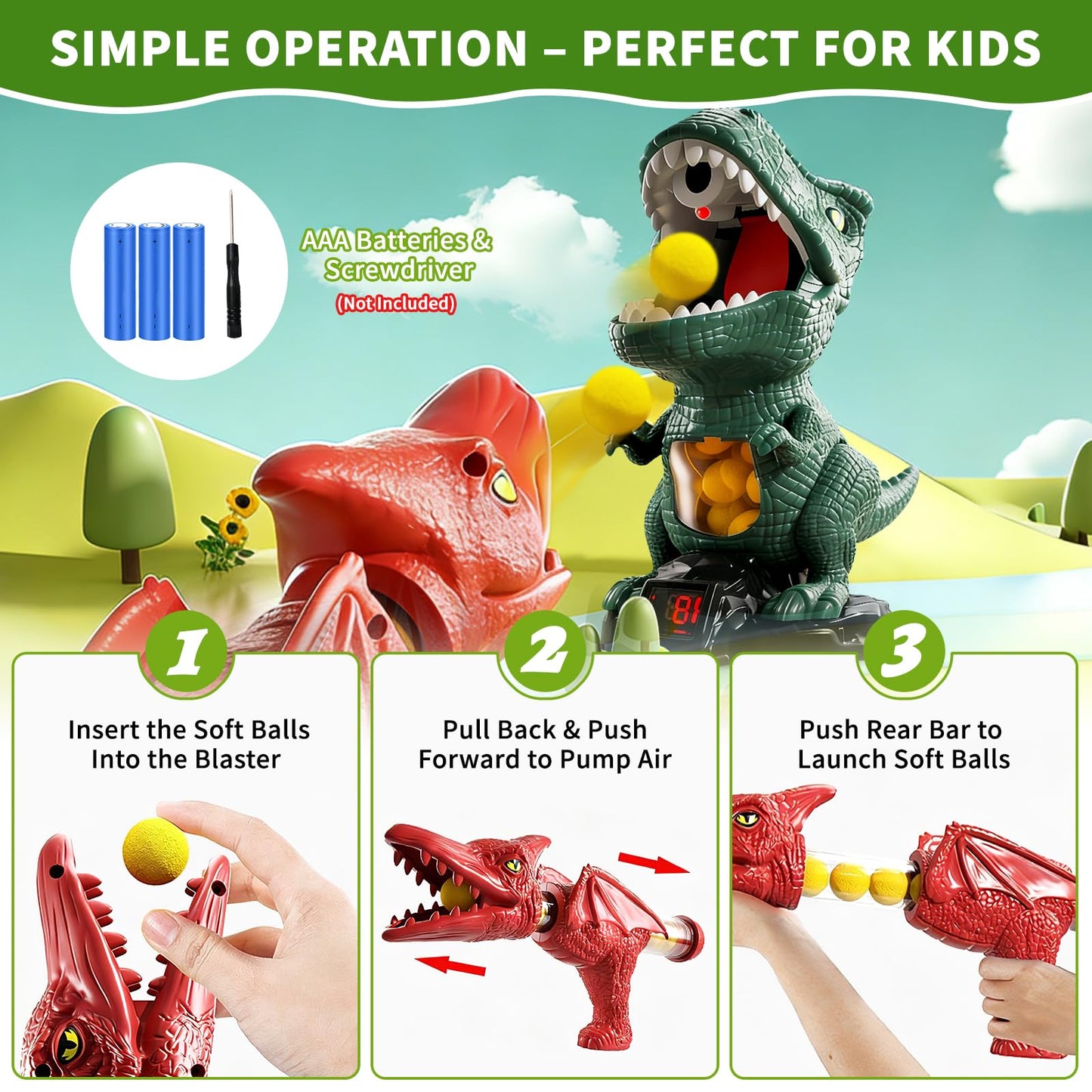 Movable Dinosaur Shooting Toys for Kids - Electronic Target Shooting Games with 2 Pump Blaster/24 Balls/Water Mist Spray/Score Record/LED & Sound Toy Foam Blasters Gift for Children Age 3 4 5 6 7 8