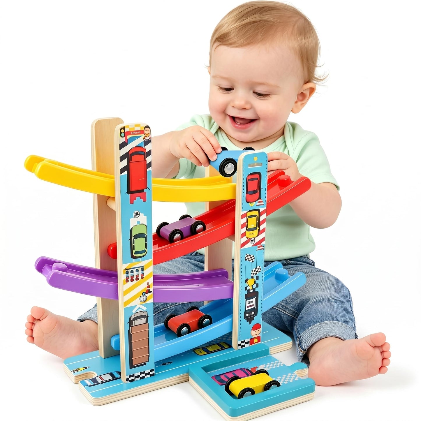 Montessori Toys for Toddlers, Children Race Track Toy with 4 Cars and 1 Wooden Parking Lot, Stable Base, Car Ramp Toy for 1 2 3 Year Old Boy Girl Gifts