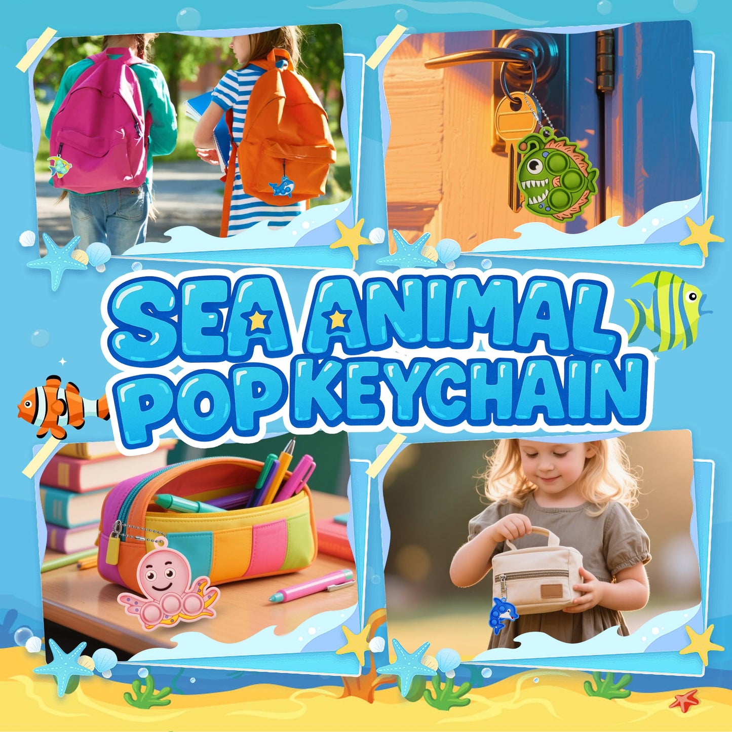 Ksmky 32PCS Sea Animal Pop Fidget Toys Bulk, Mini Pop Keychain,Party Favors for Kids, Goodie Bag Stuffers,Classroom Prizes,Treasure Box Toys
