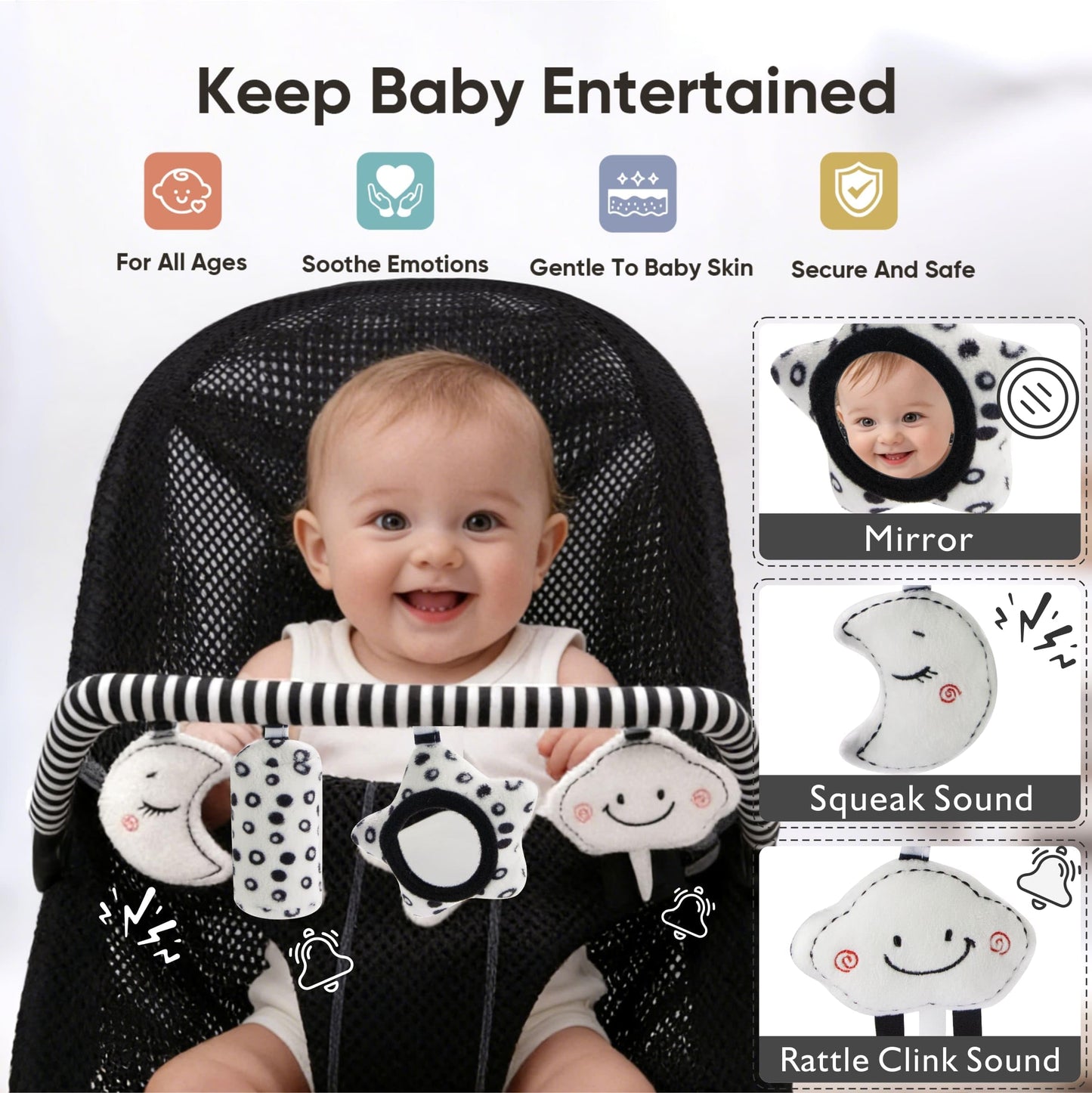 TinlyFinly Baby Bouncer Toy Bar Soft with 4 Hanging Sensory Toys Attachment, Compatible with Baby Bjorn Bouncer, with Mirror, Rattle, Crinkle Sound for Babies All Ages (Black and White Shapes)