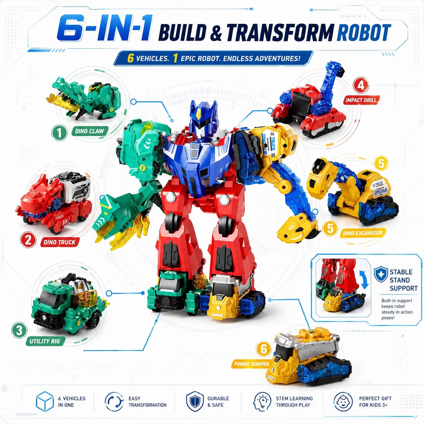 Dimoarch Magnetic Dinosaur Transforming Robot Toys, 6-in-1 Dino Construction Trucks for Kids, Magnetic Car Toys for Boys Girls Age 3 4 5 6 7 8, STEM Educational Christmas Building Gift