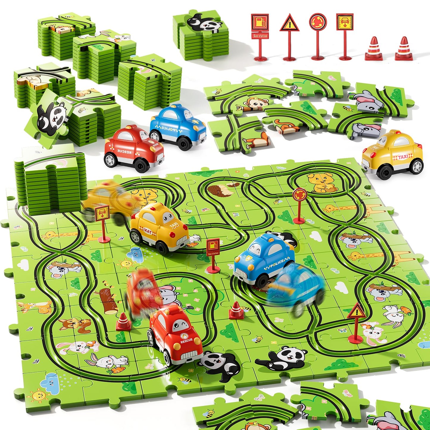 Bennol Toddler Car Toys Gifts for 2 3 4 5 Year Old Boys 73PCS Jigsaw Puzzle Race Track Car Set Toys for Kids Toddlers 1-3 2-4 3-5 4-6 Puzzle Race Car Tracks Birthday Gifts for 2 3 4 5 Year Old Boy