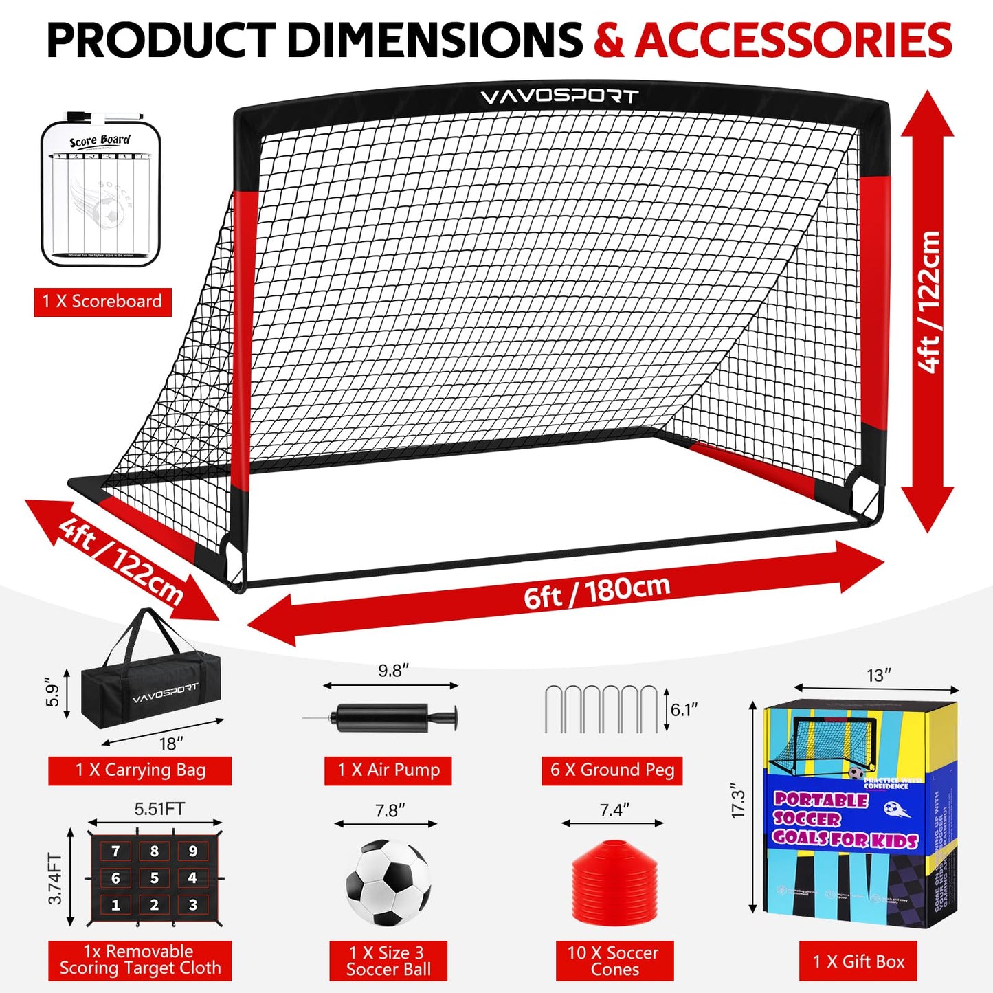 Kids Soccer Goals for Backyard Set, 6×4ft Portable Soccer Goal & Ball Training Equipment with Cones, Target, Youth Toddler Pop Up Soccer Net for Kids 3-12 Sports Play Outdoor Games Gifts