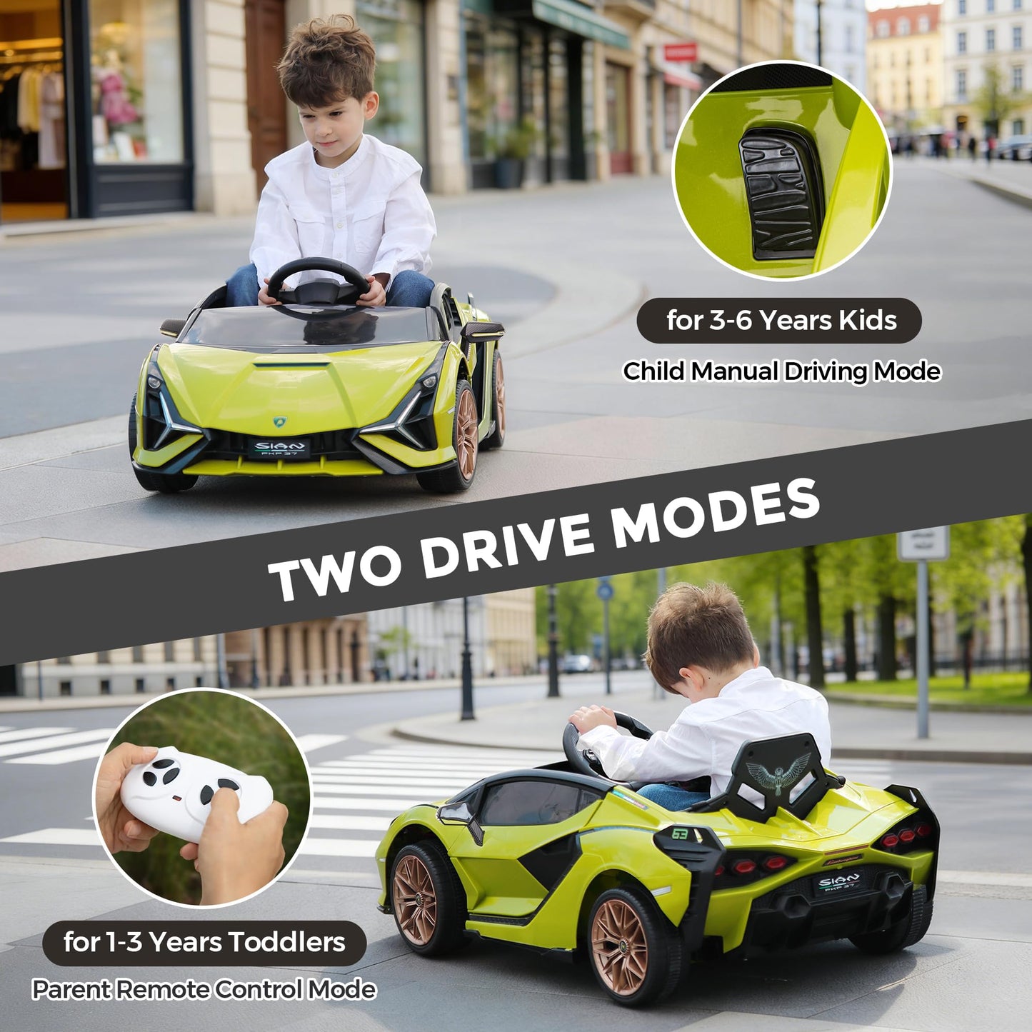 TOBBI 12V Kids Electric Ride On Car, Licensed Lamborghini SIAN Parente Remote Control Toy Toddler Battery Powered 4 Wheeler Vehicle to Drive with Safety Belt/Horn & LED Lights for Children 1-6-Green