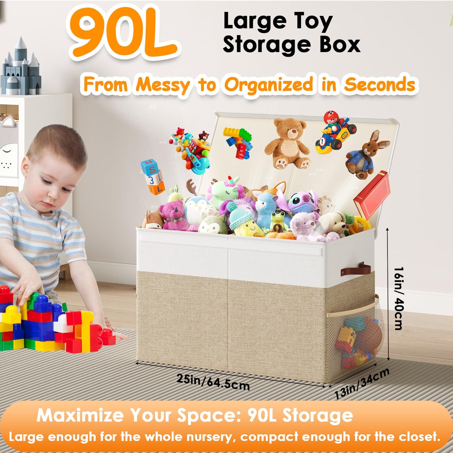 Fineonly Large Toy Storage Box with Lid Upgraded Toy Storage Chest Organizer with Divider Foldable Toy Bin for Kids Boys Girls Playroom Nursery Bedroom (25"x13"x16")