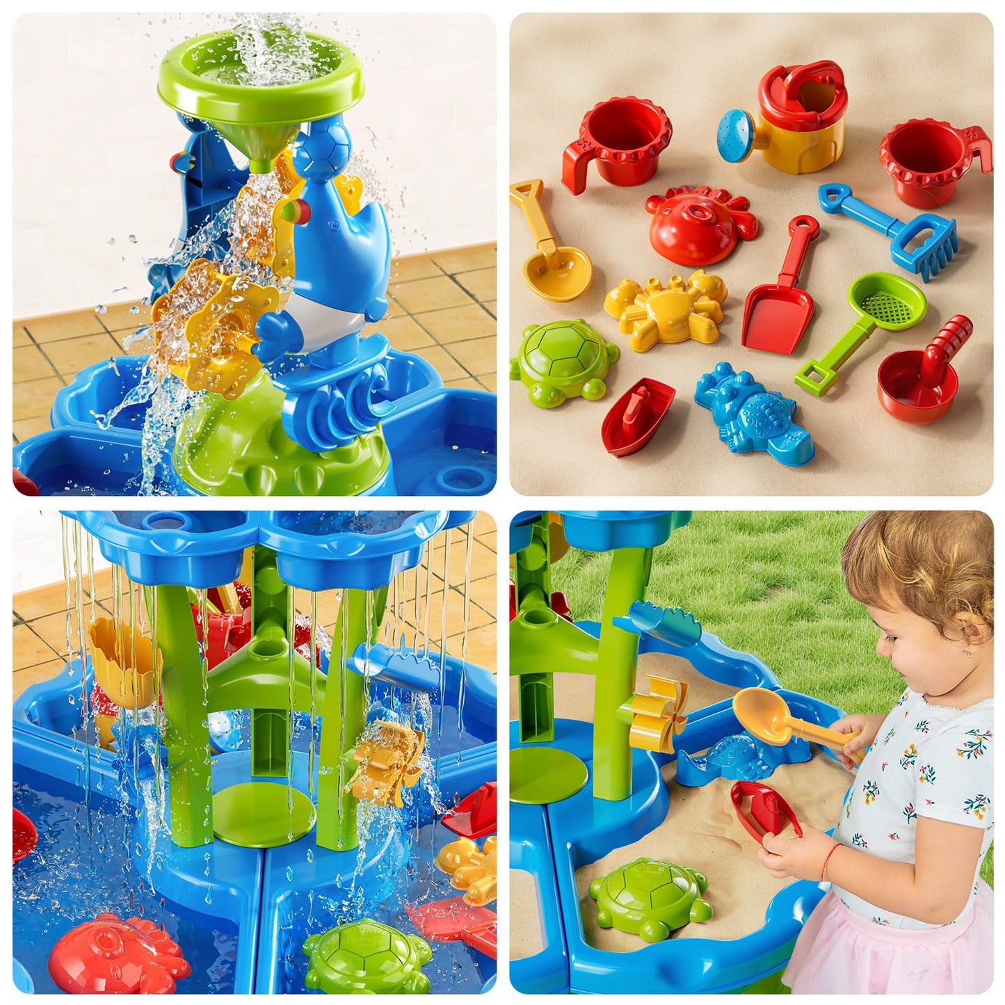 JUKUDAHU 2-Tier Sand and Water Table Toys for Kids Aged 3 4 5 6 7 8, Outdoor Activity Playset Sensory Play Table with Beach Toys Accessories Water Waterfall, Birthday Gifts for Toddlers 3-4 3-5 4-6