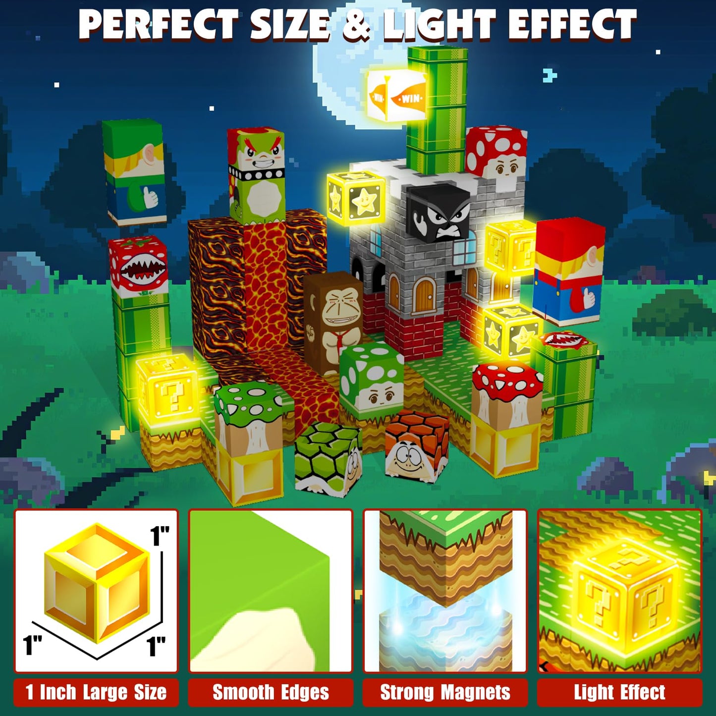 Daoyehsy Magnetic Blocks Building Toys, 1" Light Up Building Blocks Magnet Cubes for Toddlers Boys Girls 3+, Build 3D Scenes STEM Sensory Construction Toys